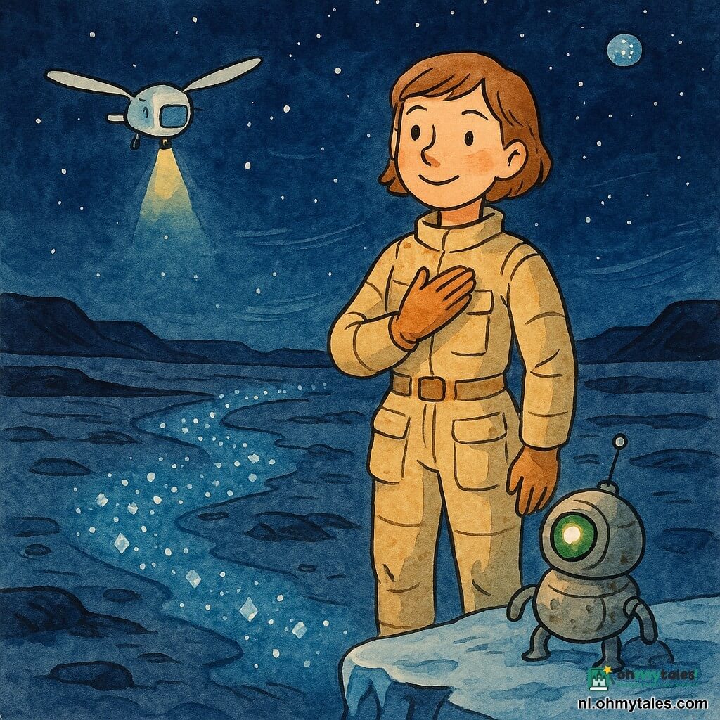 Eline, archeologe met zacht maar vast gezicht, kort lichtbruin haar, kalme glimlach, draagt een beige ruimtepak met zakken en staat op de rand van een bevroren plateau met één hand op haar borst alsof ze de sterren bedankt; haar robotmaatje Pip, een klein rond metalen robotje met één groen lampoog, opvouwbare antenne en korte pootjes, knippert vrolijk op de bevroren rots rechts van haar; links zweeft een klein wit drone met smalle vleugels en een zwak zoeklicht dat een kristallen pad verlicht; locatie: donker maanplateau met fonkelende blauwe kristallen en ijsstrepen, verre zwarte rotsen en een diep sterrenhemel met een kleine verre maan waar een blauw lichtpuntje zichtbaar is; scene sereen en contemplatief, zachte wind aangegeven door fijne lijnen, kleuren: diepe blauwen, steengrijs en warme beige accenten.