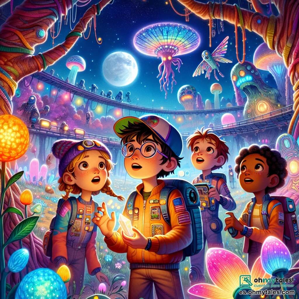 En un paisaje extraterrestre vibrante de colores, cuatro amigos están en el centro de la escena. Lucas, un chico de 12 años con cabello castaño desordenado y gafas redondas, mira con asombro un cristal brillante que sostiene en sus manos. A su derecha, Ana, una chica de 12 años con trenzas rubias y un traje espacial colorido, ajusta su traductor universal con una sonrisa entusiasta. A la izquierda, Tomás, un chico de 12 años con cabello negro y gorra, señala un pájaro iridiscente que vuela sobre ellos, con los ojos muy abiertos de asombro. Finalmente, Carla, una chica de 12 años con cabello rojo y un pañuelo, se inclina para tocar una planta luminiscente que brilla a sus pies, mostrando curiosidad. El escenario es un mundo extraterrestre, con árboles gigantes de troncos multicolores que se elevan hacia un cielo estrellado, iluminado por estrellas brillantes y una luna gigante. Flores luminiscentes de colores vivos salpican el suelo, mientras criaturas extrañas y amistosas se mueven en el fondo, añadiendo un toque de magia al entorno. La situación principal muestra a los cuatro amigos, maravillados por su descubrimiento, mientras se preparan para ayudar a los Zynoxians utilizando el cristal que acaban de recuperar, simbolizando la amistad y la cooperación intergaláctica.