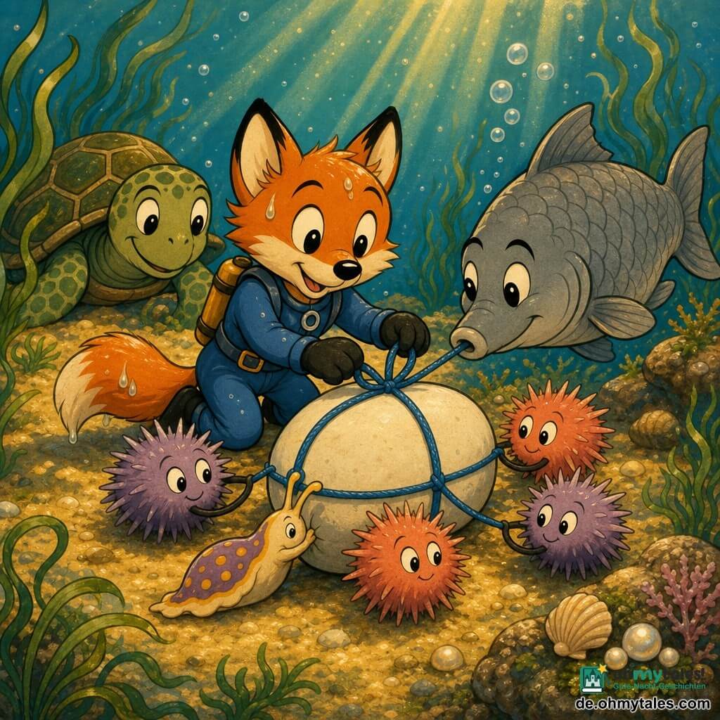 Die Hauptfigur ist ein kleiner anthropomorpher Fuchs mit nassem orangefarbenem Fell, leuchtenden, lächelnden Augen und einem blauen Tauchanzug, konzentriert und stolz dabei, einen blauen Faden um einen großen weißen Kiesel zu knüpfen; um ihn herum scharen sich freundliche kleine Seeigel mit runden, weichen Stacheln in Lavendel- und Korallfarben, die neugierig den Faden mit ihren Spitzen schieben, ein alter breiter grauer Fisch mit strukturierten Schuppen und weisen Augen schiebt den Faden leicht mit der Schnauze hinter und rechts vom Fuchs, eine langsam-liebevolle Meeresschildkröte mit grünen und braunen Mustern lächelt etwas zurück links auf dem Sand, eine kleine Meeresschnecke oder Nacktschnecke hilft, indem sie am Fuß des Kiesels vorbeigleitet und den Fuchs sanft anschiebt; Schauplatz ist eine helle Unterwasserwiese mit langen, wiegenden smaragdgrünen Seegräsern, goldenen Sandflächen, Lichtstrahlen, schimmernden Partikeln, ein paar schimmernden Muscheln und Algen an den Felsen; Szene zeigt eine ruhige, kindgerechte Komposition mit warmen, kontrastreichen Farben, zentriert und gut lesbar.