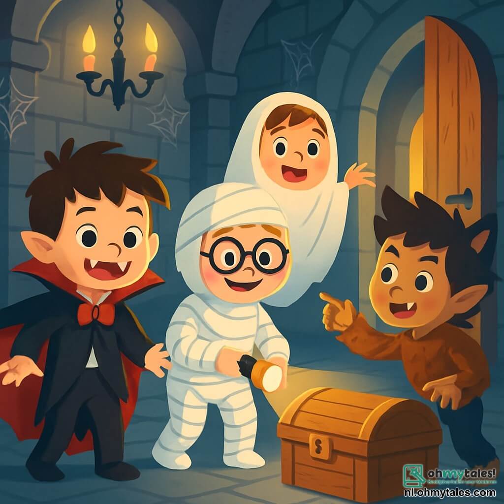 Er zijn 4 kinderen: Tom: een 6-jarig jongetje met rommelig bruin haar, gekleed als een vampier in een zwart kostuum met een rode cape en een neptand. Hij staat links, glimlachend en toont zijn scherpe tanden. Sam: een 6-jarig jongetje met blond haar en een bril, verkleed als mummie met witte verbanden om hem heen gewikkeld. Hij staat in het midden en houdt een zaklamp vast die de weg verlicht. Max: een 6-jarig jongetje met kastanjebruin haar en een grote glimlach, gekleed als een spook met een wit laken en zwarte ogen getekend. Hij staat iets naar achteren, zwevend als een echt spook. Joep: een 6-jarig jongetje met zwart haar en puntige oren, gekleed als weerwolf met plastic klauwen. Hij staat rechts en wijst naar een grote houten deur, nieuwsgierig. De locatie is een oud, mysterieus kasteel met grijze stenen muren bedekt met spinnenwebben. Kroonluchters van smeedijzer hangen aan het plafond, en werpen dansende schaduwen op de vloer. Een grote houten deur, iets open, laat gedempt licht van binnen zien. De situatie toont de vier vrienden die een grote donkere en stoffige zaal ontdekken, waar ze net een oude kist in het midden hebben gevonden. Ze zijn allemaal opgewonden en nieuwsgierig, hun gezichten verlicht door het licht van Sam's zaklamp, terwijl ze zich voorbereiden om de kist te openen en te ontdekken wat erin zit.