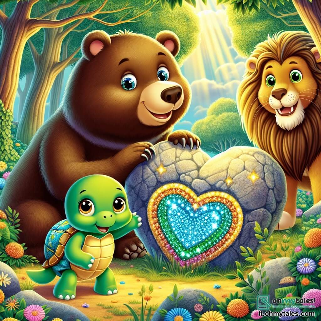 Bruno, un orso bruno dagli occhi scintillanti e dal sorriso caloroso, si trova al centro della scena, guardando con curiosità una grande pietra a forma di cuore, con le zampe sollevate come se stesse per sollevarla. Accanto a lui, Tina, una piccola tartaruga verde con un guscio colorato, mostra un'espressione di eccitazione, gli occhi spalancati, mentre indica la pietra. Leo, un cucciolo di leone dorato con una criniera morbida e occhi birichini, si trova leggermente indietro, sorridendo con entusiasmo, pronto ad aiutare i suoi amici. La scena si svolge in una foresta incantata, illuminata da una luce dorata, con alberi maestosi dalle foglie verdi brillanti e fiori colorati che punteggiano il terreno. Gli uccelli cantano gioiosamente tra i rami, e una leggera brezza fa danzare le foglie. Bruno e i suoi amici scoprono una misteriosa pietra sotto cui si nasconde un segreto, mentre si preparano a sollevare la pietra per rivelare una piccola scatola di legno, piena di tesori.