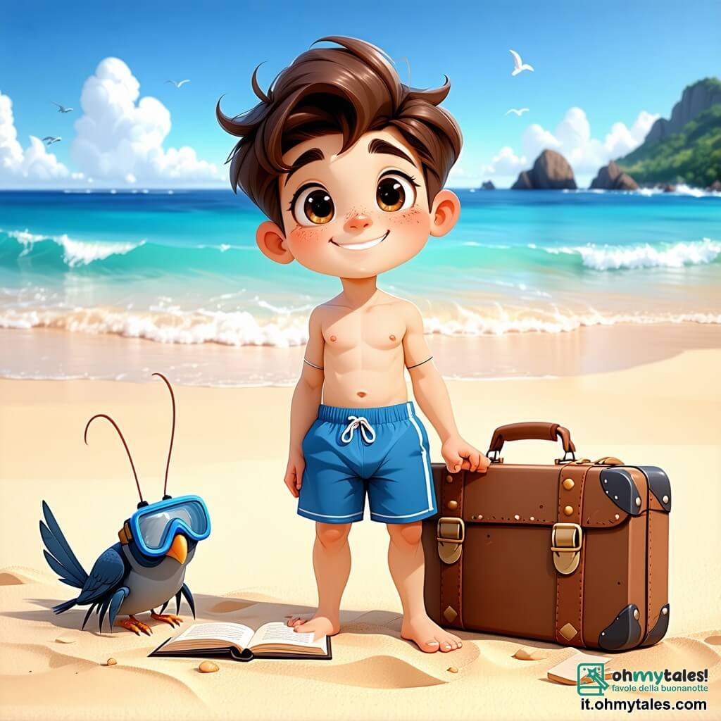 Un ragazzo di 10 anni, Matteo, con capelli castani disordinati e occhi pieni di curiosità, si trova su una spiaggia dorata, con un grande sorriso sul volto. Indossa un costume da bagno blu vivo e una maschera da sub sulla fronte, mentre tiene una vecchia valigia arrugginita a metà aperta, che rivela un casco da palombaro e un misterioso giornale. Accanto a lui, un piccolo granchio blu, con chele brillanti, sembra incoraggiarlo, con gli occhi vivaci e maliziosi fissi su Matteo. Il luogo è una spiaggia soleggiata, circondata da rocce coperte di alghe verdi e conchiglie colorate, con onde cristalline che si infrangono dolcemente sulla riva. In lontananza, una barriera di meduse scintillanti galleggia nell'acqua, creando uno spettacolo magico. La situazione principale mostra Matteo, emozionato e determinato, pronto a tuffarsi in acqua per esplorare il misterioso sottomarino sommerso, con un luccichio di avventura negli occhi.