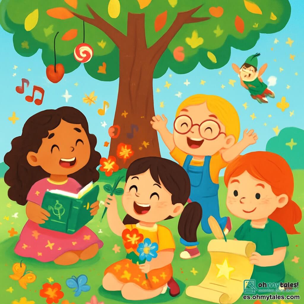 Hay 4 niños: - Lila: una niña de 6 años con largos cabellos rizados y una sonrisa brillante. Lleva un vestido rosa con estrellas doradas y sostiene un gran libro de recetas. - Sofi: una niña de 6 años con cabello liso y marrón, atado en dos coletas. Está vestida con una camiseta amarilla y una falda de flores, y sostiene un ramo de flores coloridas que cantan. - Alma: una niña de 6 años con cabello rubio y gafas redondas. Lleva un overol azul y baila alegremente, soñando con duendes. - Rosi: una niña de 6 años con cabello pelirrojo y pecas. Está vestida con un vestido verde y escribe una carta brillante en un gran pergamino. Las cuatro amigas están sentadas en círculo bajo el Gran Árbol de las Dulces, un árbol inmenso con hojas multicolores y ramas cargadas de caramelos. El suelo está cubierto de flores brillantes y pequeños mariposas que vuelan a su alrededor. La situación principal de la historia muestra a los niños en plena discusión, rodeados de luz suave, con risas y ideas mágicas flotando a su alrededor. Sueñan juntas con la sorpresa que van a preparar para el Día de la Madre, con estrellas centelleantes y destellos de colores.