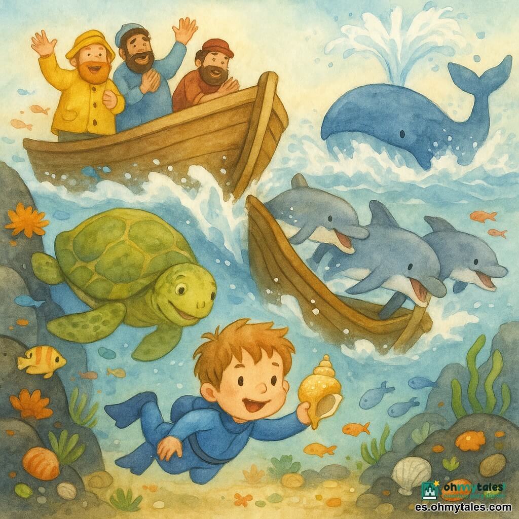 Un niño de 4 años, Lucas, alegre y decidido, de rostro redondo y pelo castaño claro despeinado, en un traje de neopreno azul, nada en primer plano sosteniendo una concha brillante en la mano derecha; una vieja tortuga marina llamada Camino, con gran caparazón verde moteado de amarillo y algas, avanza a la izquierda mirando con benevolencia; dos delfines gris plateado empujan por la derecha un barco de madera encajado entre rocas causando salpicaduras; una enorme ballena azul expulsa agua detrás del barco formando olas espumosas que ayudan a liberar la proa; tres marineros adultos de unos 40 años, con barba y ropa de trabajo mojada, están en la popa señalando y aplaudiendo; el lugar es un arrecife rocoso colorido con anémonas naranjas, algas verdes, bancos de peces multicolores y conchas brillantes sobre arena; escena principal: rescate colaborativo con Lucas y los animales marinos uniendo fuerzas, escenas dinámicas, salpicaduras luminosas y expresiones de esfuerzo y alegría.