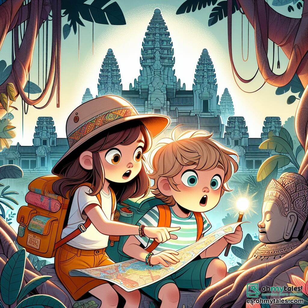 En primer plano, una niña de 6 años llamada Sofía, con largos cabellos castaños y ojos llenos de curiosidad, lleva un sombrero de exploradora y una pequeña mochila colorida. Sonríe con entusiasmo, sosteniendo un gran mapa de los templos de Angkor, lista para descubrir el mundo que la rodea. A su lado, su amigo Leo, un niño de 6 años con el cabello rubio despeinado y una camiseta a rayas, mira con asombro una gran estatua de piedra. Se inclina hacia adelante, con las manos en las rodillas, cautivado por la historia que cuenta Sofía. Al fondo, se ven los majestuosos templos de Angkor, con sus torres en forma de loto y muros decorados con esculturas antiguas. Árboles gigantes con raíces entrelazadas rodean los templos, creando una atmósfera mágica y misteriosa. La escena principal muestra a Sofía y Leo, rodeados de la belleza de los templos, explorando y compartiendo su asombro, mientras el sol brilla sobre ellos, iluminando su aventura.
