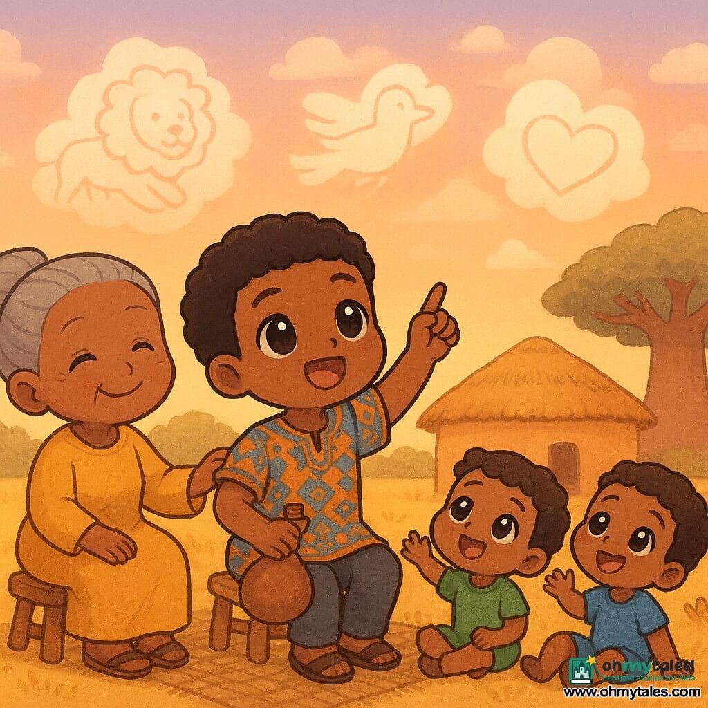 A smiling young man (Mabo, about 18) with warm bronze skin and short black hair sits on a woven mat in an ochre-and-blue printed tunic, pointing to the sky while holding a small brown gourd; an elderly grandmother (about 70) with soft wrinkles and grey hair in a bun, wearing a mustard-yellow dress, sits on a low stool to his left with a hand on his shoulder; three laughing children (boys 10 and 5, girl 8) in colorful clothes sit in a circle imitating cloud shapes with their hands as they look up; the setting is a round ochre wattle-and-daub hut with a thatch roof, a broad-trunked baobab behind, savanna grass, a few gourds and pots near the entrance, and a vast luminous sky at dusk where white clouds form soft, recognizable shapes (lion, bird, heart) in pastel sunset tones, creating a warm, calm, magical moment as Mabo tells the story of the clouds.