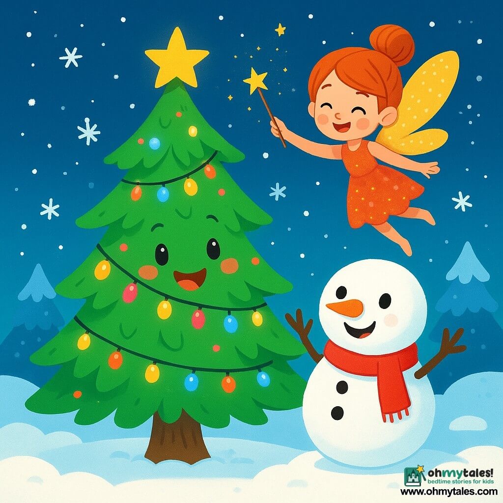 A beautiful Christmas tree named Tini, with bright green branches and sparkling multicolored lights, stands proudly at the center of the image, radiating joy and excitement. Next to it, a snowman named Bubble, with a bright orange carrot nose and a shiny red scarf, smiles widely, his coal eyes sparkling with happiness, as he raises his arms to welcome friends. Above, a little Christmas fairy, Fubella, with shimmering golden wings and a sparkling dress, joyfully flies around, her mischievous eyes shining as she sprinkles star dust. The setting is a snowy garden, covered in a thick layer of white snow, with snowflakes gently falling from the starry sky, creating a magical and warm atmosphere. The scene shows Tini, Bubble, and Fubella preparing to welcome Santa Claus, with radiant smiles on their faces, surrounded by the glow of lights and the magic of Christmas.