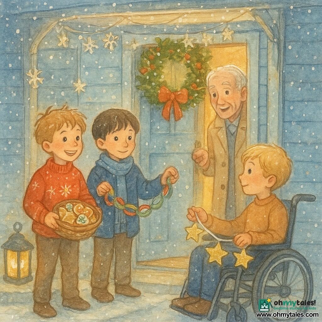 There are four people: Max, a ~9-year-old boy with tousled light brown hair wearing a red snowflake sweater, holding a basket of decorated cookies and standing left on the porch step with a bright smile; Leo, a ~9-year-old boy with straight brown hair and a blue scarf holding a paper garland and standing center with a gentle look; Oliver, a ~9-year-old boy with fair skin and blond hair seated in a wheelchair decorated with a small green cushion, holding a glittery paper star chain and positioned right in front of the door; and Mr. Thompson, an elderly man (~75) with a wrinkled face and twinkling eyes in a long beige coat, holding the door open behind them with a surprised, moved expression. The scene is a pale blue wooden house porch with a stone step dusted with fresh snow, a wreath of greenery and pine cones on the door, a lit lantern to the left, paper garlands and snowflakes hanging around, and warm golden light spilling from inside. The three boys are offering Mr. Thompson cookies and Christmas decorations, gathered on the porch under fine swirling snow, conveying a warm, generous atmosphere with soft colors and warm yellow/orange contrasts against the cold winter blue.