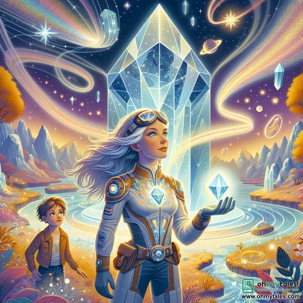 Captain Lyra Stardust stands proudly in front of a massive pulsating crystal, her eyes shining with excitement and determination. She wears a sparkling space suit adorned with stars and galactic patterns, with pilot goggles on her forehead. Beside her is a young boy named Zephyr, about 10 years old, with tousled hair and sparkling eyes, watching her in admiration while holding a small glowing crystal in his hand. The setting is a fantastical landscape with floating mountains and rivers flowing upside down, bathed in colorful, magical light. Trees with golden leaves gently sway in the air, creating an enchanted atmosphere. The main scene shows Lyra and Zephyr focusing their energy on the central crystal, trying to harmonize its chaotic glow. Sparks of light swirl around them, illustrating the magic surrounding them, while a soft melody seems to emanate from the crystal, filling the air with a wonderful ambiance.