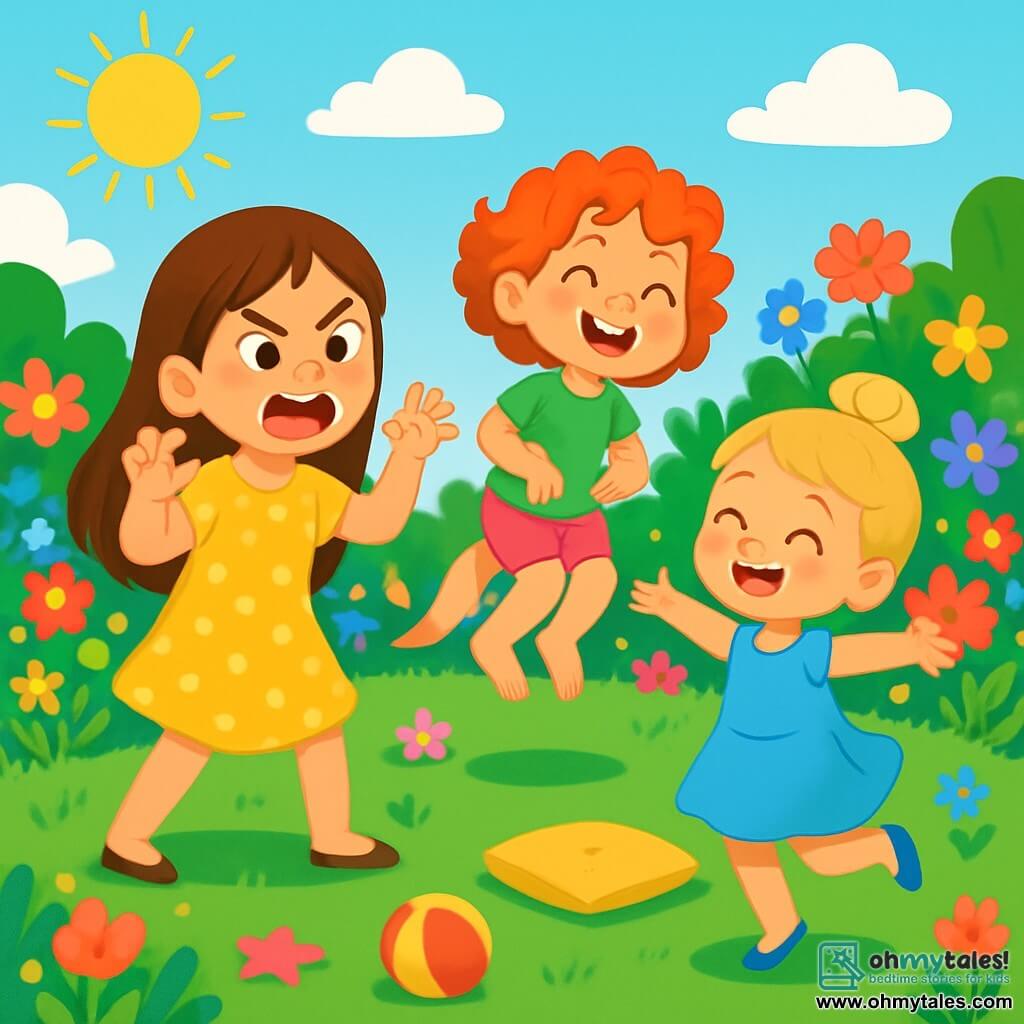 There are three characters: Lily, an 8-year-old girl with long brown hair and sparkling eyes, wearing a yellow polka dot dress and pretending to be a lion with a fierce yet playful expression; Ruby, a 6-year-old girl with curly red hair and freckles on her nose, dressed in a green t-shirt and pink shorts, joyfully jumping while pretending to be a kangaroo; and Mia, a 4-year-old girl with a blonde bun and big blue eyes, wearing a little blue dress and twirling around, imitating a butterfly with her arms open. The setting is a colorful garden filled with vibrant flowers, a clear blue sky, and bright sunshine. In the center is a large green lawn where the girls play, surrounded by scattered toys and soft cushions. The main scene shows the three sisters having fun in their garden, each embodying a different animal: Lily playfully roaring, Ruby energetically jumping, and Mia twirling and laughing, creating a joyful and lively atmosphere.
