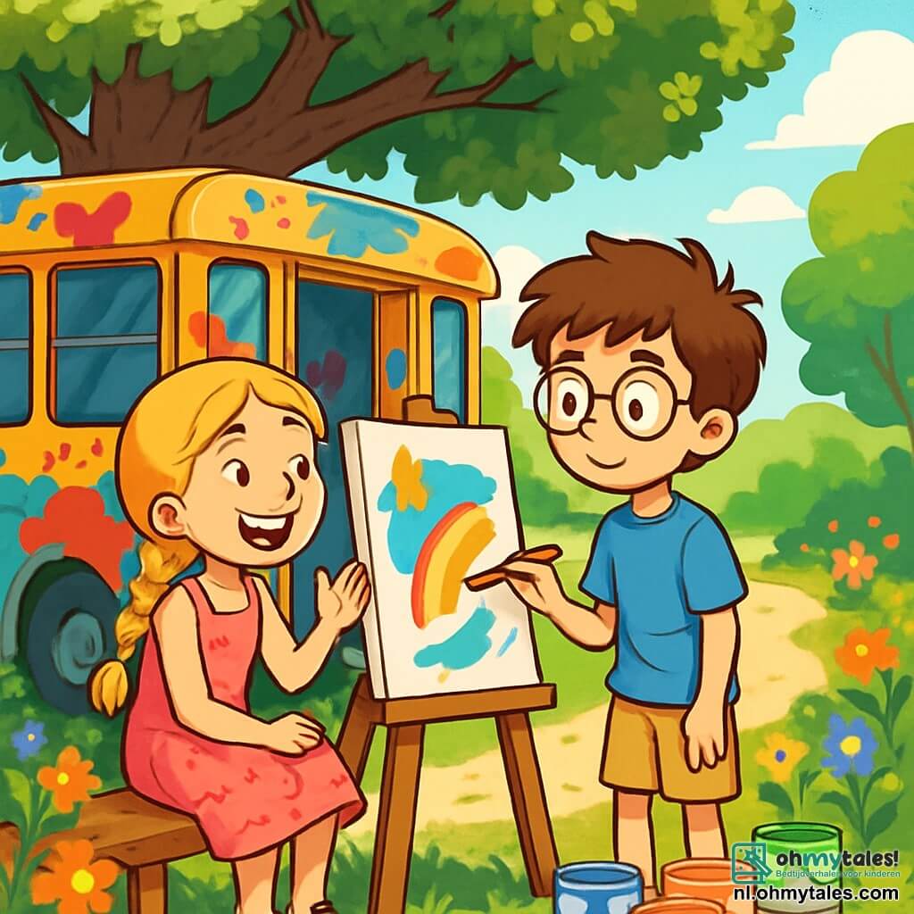 Er zijn 2 hoofdpersonages: - Thomas: een 12-jarig jongen met rommelig bruin haar en een ronde bril. Hij draagt een blauwe t-shirt en een beige short. Hij staat met een penseel in de hand voor een kleurrijk doek. - Emma: een 12-jarig meisje met gevlochten blond haar en een stralende glimlach. Ze draagt een roze bloemenjurk en zit op een bank, omringd door verfpotten, terwijl ze Thomas aanmoedigt. De situatie speelt zich af in een oude bus die is omgebouwd tot atelier, geparkeerd onder een grote eik in een zonnig park. De muren van de bus zijn geschilderd in felle kleuren, met verfspetters overal. Buiten staan kleurrijke bloemen langs het pad en zonnestralen filteren door de bladeren van de bomen, wat een vrolijke en inspirerende sfeer creëert. De hoofdactie laat zien hoe Thomas, nerveus maar vastberaden, een doek schildert dat zijn unieke creativiteit uitdrukt, terwijl Emma enthousiast aanmoedigt, wat hun vriendschap en diversiteit viert.