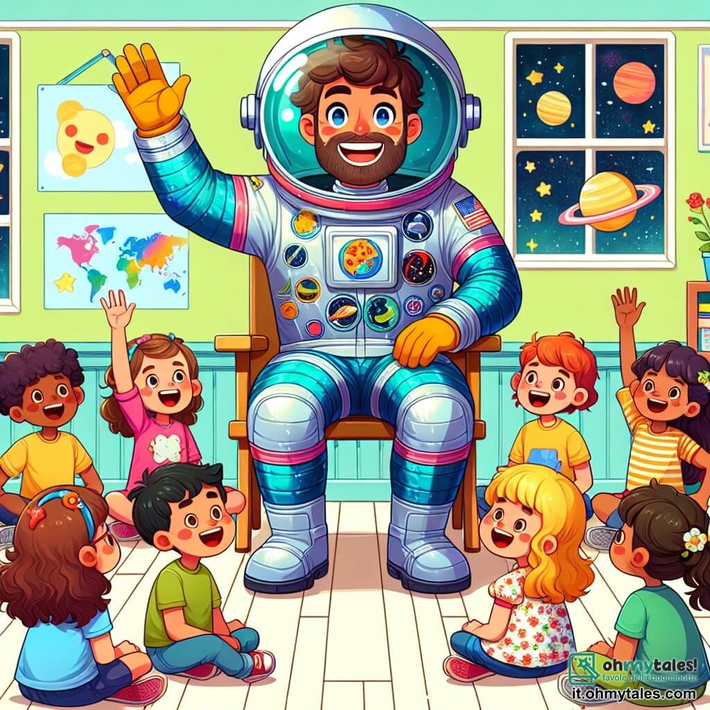Un astronauta uomo, con un sorriso entusiasta, indossa una grande tuta spaziale blu brillante decorata con patch colorati che rappresentano pianeti e stelle. È seduto su una sedia di legno, circondato da bambini affascinati che ascoltano attentamente le sue storie di avventure spaziali. Tra i bambini, Lisa, una ragazza di 8 anni con capelli ricci e un vestito rosa, alza la mano con eccitazione per fare una domanda. Marco, un ragazzo di 9 anni con occhiali tondi e una maglietta verde, ride immaginando una fetta di pizza che fluttua nello spazio. Sofia, una ragazza di 7 anni con due codini e un vestito a fiori, è seduta a gambe incrociate, affascinata dai racconti dell'astronauta. La scena si svolge in un'aula luminosa, con muri decorati da disegni di stelle e pianeti e finestre che lasciano entrare la luce del sole, creando un'atmosfera calda e accogliente. L'astronauta racconta le sue esperienze nello spazio, mentre i bambini, seduti in cerchio intorno a lui, ridono e sognano viaggi interstellari e incontri con extraterrestri.