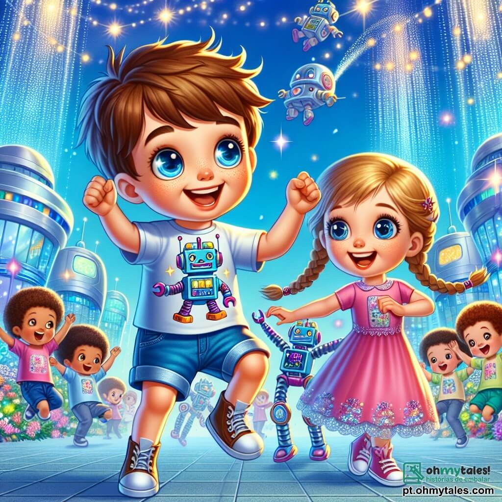 Um garotinho de 4 anos chamado Tico, com cabelos castanhos bagunçados e grandes olhos brilhantes de curiosidade, dança alegremente em um parque futurista. Ele usa uma camiseta colorida com estampas de robôs e um short de denim. Seu rosto irradia excitação e felicidade. Ao seu lado, sua melhor amiga Lila, uma menina de 5 anos com cabelos loiros trançados e um vestido rosa, ri imitando os movimentos de um robô. Ela está cheia de energia e fica perto de Tico, com os braços levantados. Ao fundo, um grande parque de Lumilândia está repleto de edifícios cintilantes em formas futuristas, com carros voadores no céu azul. Flores luminosas e árvores com folhas prateadas acrescentam um toque de magia ao ambiente. A cena principal mostra Tico e Lila dançando com um robô colorido que tem luzes piscantes, cercados por outras crianças que se juntam a uma festa alegre. Risos e música enchem o ar, criando uma atmosfera de felicidade e amizade.