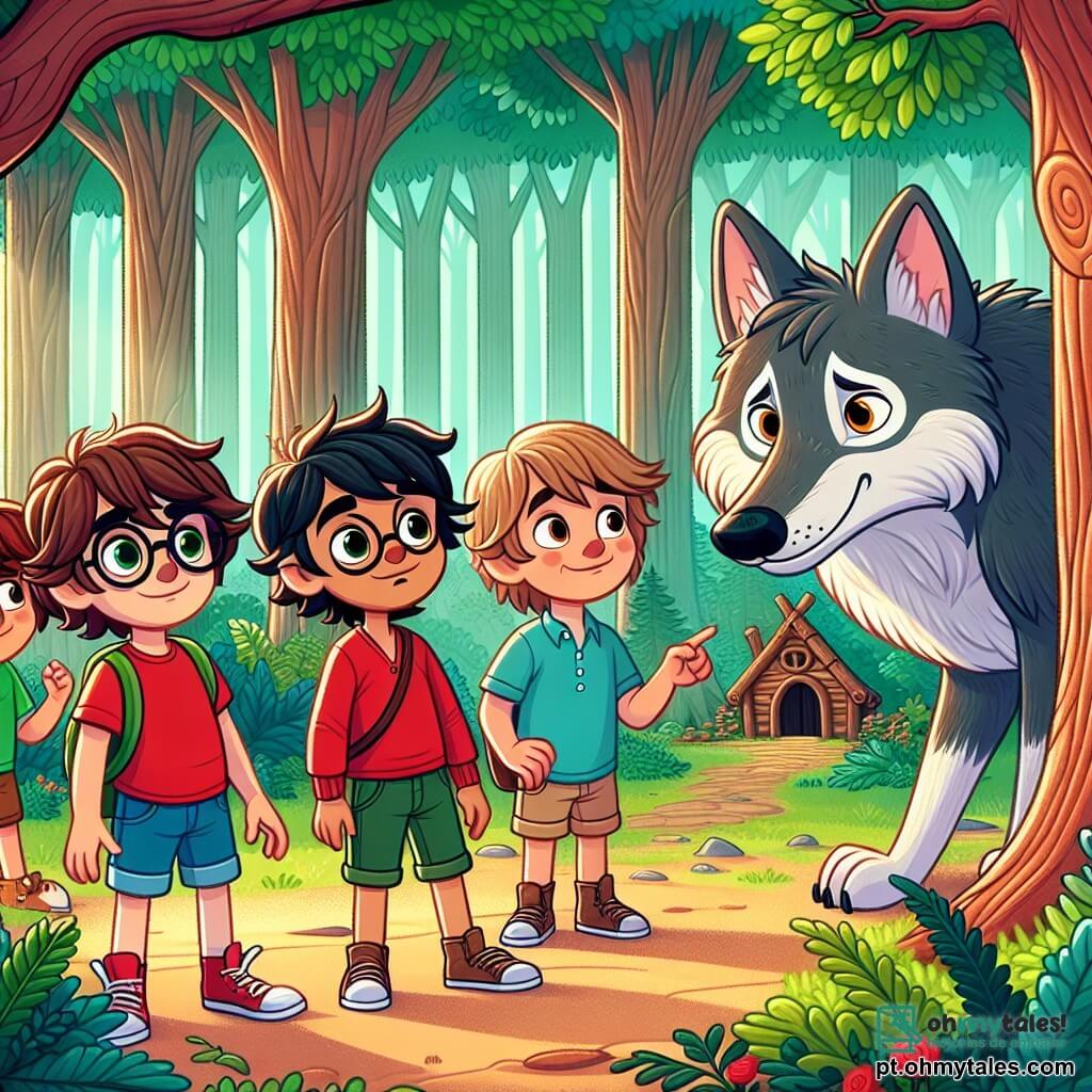 Em uma floresta mágica, quatro garotos corajosos estão juntos. Pedro, um menino de 10 anos com cabelos castanhos bagunçados e uma camiseta vermelha, observa com curiosidade o grande lobo. Ao seu lado, Miguel, um garoto de 9 anos com cabelos loiros e óculos redondos, parece um pouco preocupado, escondendo-se atrás de Pedro. João, um menino de 8 anos com cabelos negros e um suéter azul, aponta para a casa de madeira que os garotos construíram para o lobo. Por fim, Lucas, um garoto de 7 anos com cabelos castanhos e usando um short verde, sorri alegremente, pronto para receber o lobo. O local é uma floresta densa, cheia de árvores majestosas e folhas verdes brilhantes, com flores coloridas ao redor. A luz do sol filtra através dos galhos, criando sombras dançantes no chão coberto de folhas. A cena principal mostra os garotos e o lobo, que parece triste mas agradecido, se reunindo em torno da casa de madeira, simbolizando a amizade que está se formando entre eles. O lobo, com seu pelo cinza e grandes olhos suaves, observa os garotos com gratidão, enquanto eles riem e se divertem juntos, ilustrando a mensagem de que até os maiores medos podem ser superados pela bondade e amizade.