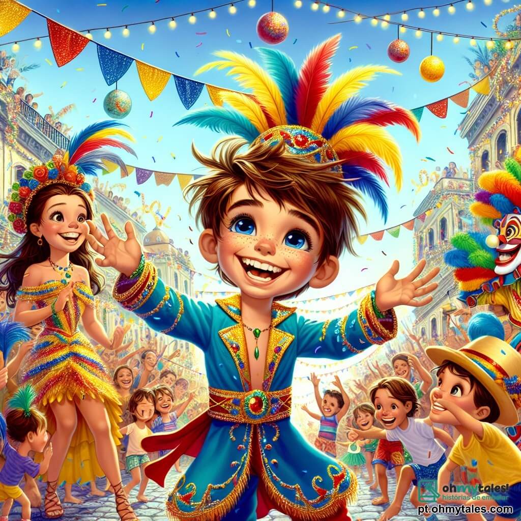 Um menino de 10 anos, Miguel, com cabelos castanhos bagunçados e um grande sorriso, usa um lindo traje de carnaval em cores vibrantes: azul, amarelo e vermelho, adornado com penas e brilhos. Ele dança alegremente no meio da multidão, com os braços levantados, transbordando de energia e excitação. Ao seu lado, sua mãe, uma mulher de cerca de 35 anos, com cabelos longos e ondulados, vestida com um vestido colorido e um chapéu festivo, o incentiva com um sorriso orgulhoso, segurando uma bandeira nas cores do carnaval. Um palhaço, um homem de cerca de 30 anos com um grande nariz vermelho e uma peruca colorida, faz malabarismos com bolas brilhantes, atraindo a atenção das crianças ao redor. A cena ocorre em uma rua animada da cidade de Alegria, decorada com guirlandas coloridas, balões flutuantes e luzes cintilantes, onde pessoas de todas as idades dançam e riem, criando uma atmosfera festiva e alegre. A situação principal mostra Miguel, no meio da festa, realizando sua missão de encontrar objetos mágicos para trazer ainda mais alegria ao carnaval, com estrelas brilhantes e flashes de luz ao seu redor, simbolizando a magia do evento.