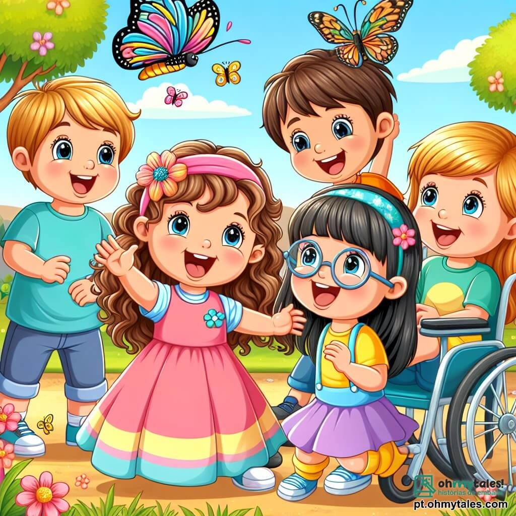 No centro da imagem, há cinco amigos alegres. Ana, uma menina de 3 anos com cabelos cacheados castanhos e um vestido rosa, observa maravilhada uma linda borboleta colorida que voa à sua frente. À direita dela, Pedro, um menino de 3 anos com cabelos loiros e uma camiseta azul, ri enquanto aponta para a borboleta. À esquerda de Ana, Sofia, uma menina com cabelos lisos e negros, usa uma saia amarela e sorri enquanto se agacha para observar os patins. Atrás deles, Tomás, um menino com cabelos castanhos e óculos, caiu no chão, rindo enquanto imita um avião. Finalmente, Joana, uma menina com cabelos lisos e um bonito vestido roxo, está sentada em sua cadeira de rodas colorida, sorrindo e olhando para seus amigos com alegria. O cenário é um parque ensolarado, com um grande carvalho majestoso ao fundo, flores coloridas espalhadas pela grama verde e um lago cintilante onde nadam patinhos amarelos. A situação principal mostra as crianças se divertindo juntas, fascinadas pela borboleta, ilustrando a magia da amizade e a alegria de compartilhar momentos de risadas e aventuras.
