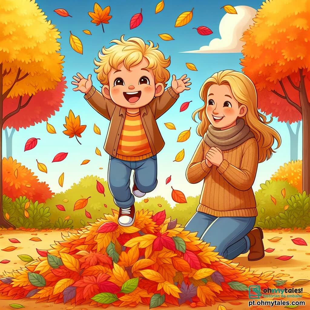 Um menino de 2 anos, chamado Tomás, com cabelos cacheados e olhos brilhantes, está no meio de uma pilha de folhas de outono coloridas, com um grande sorriso no rosto, braços abertos, pronto para pular nas folhas. Ao lado dele, sua mãe, uma mulher de cerca de 30 anos, com cabelos longos e castanhos, vestindo um suéter quente e calças, o observa com ternura, com as mãos na cintura, admirando a felicidade do filho. O cenário é um parque no outono, com árvores majestosas com folhas douradas, laranjas e vermelhas, o chão coberto por um tapete de folhas crocantes, e um céu azul claro com algumas nuvens brancas. A cena principal mostra Tomás pulando alegremente em uma grande pilha de folhas, criando uma nuvem de cores vivas ao seu redor, enquanto sua mãe sorri, feliz em ver seu filho se divertindo na magia do outono.