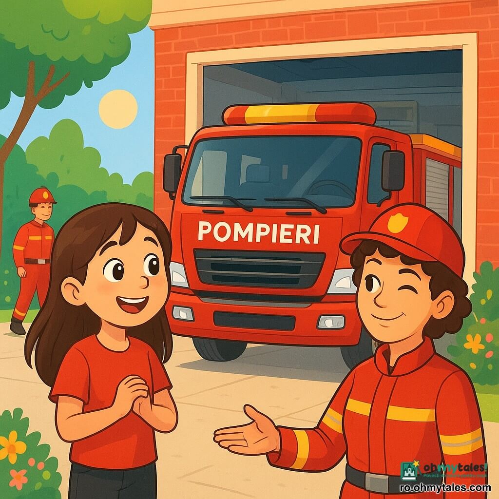 O tânără, Luna, în vârstă de aproximativ 10 ani, cu părul lung și castaniu și ochi plini de curiozitate, poartă un tricou roșu și o pereche de pantaloni negri. Ea zâmbește cu uimire, observând o mare camionetă de pompieri roșie strălucitoare, pregătită să plece în intervenție. Lângă ea, mama ei, o femeie în jurul vârstei de 30 de ani, cu părul scurt și ondulat, îmbrăcată într-un uniformă de pompier roșie și o șapcă, îi face cu ochiul, arătându-și sprijinul și mândria. Scena are loc la stația de pompieri, un clădire din cărămidă roșie cu uși mari albe deschise, lăsând să se vadă echipamentele de salvare bine organizate și uneltele strălucitoare. Soarele strălucește, iluminând împrejurimile, în timp ce copacii verzi și florile colorate înconjoară stația. Luna și mama ei se pregătesc să răspundă la o alarmă, cu pompierii din fundal care se agită în jurul camionetei, pregătiți să plece în misiune. Emoția și adrenalina sunt palpabile în aer, în timp ce Luna visează să devină o eroină ca mama ei.
