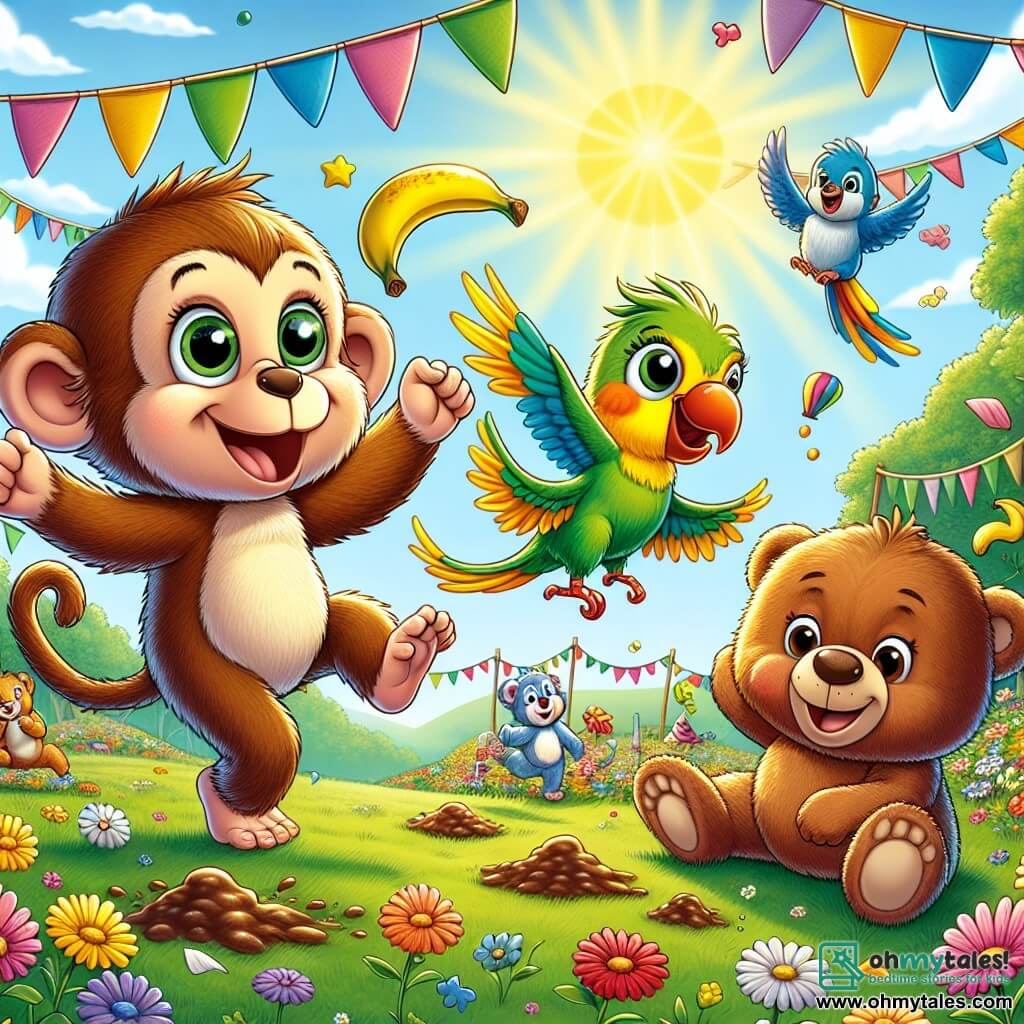 A joyful monkey named Max, with brown fur and sparkling eyes, stands on one leg, sporting a big smile while holding a banana with his tail. Next to him, Lola, a colorful parakeet with green and yellow feathers, flies in the air enthusiastically encouraging him, her wings spread wide. In the background, Benny, a brown teddy bear, sits in a pile of mud, laughing at his mishap, with a squashed banana on his head. The scene takes place in a sunny meadow filled with colorful flowers and festive flags fluttering in the wind, creating a cheerful and festive atmosphere. Max, while having fun, tries to keep his balance on one leg while juggling his banana, ready to join the hilarious animal race.