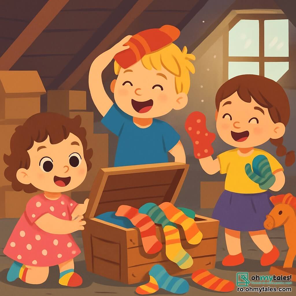 O fetiță de 2 ani, cu ochi mari și strălucitori și păr cârlionțat castaniu, zâmbește fericită descoperind o cutie mare din lemn. Poartă o rochie roz cu buline albe și șosete colorate. Lângă ea, fratele ei de 5 ani, cu părul blond zbârlit și un tricou albastru, râde punându-și o șosetă pe cap, în timp ce sora ei de 4 ani, cu părul brun împletit și o fustă violet, se distrează încercând să își pună două șosete pe mâini. Scena se desfășoară într-un pod vechi și plin de praf, plin de jucării uitate și cutii, cu raze de lumină care pătrund printr-o fereastră murdară. În centrul atenției, cutia este deschisă, dezvăluind șosete colorate care cad afară. Copiii râd și dansează în jurul cutiei, creând o atmosferă veselă și jucăușă.