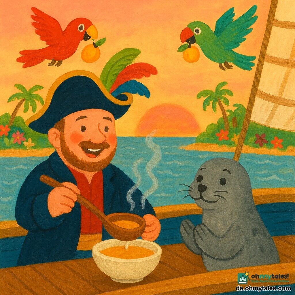 Kapitän Tim, ein erwachsener Mann mit rundem, lächelndem Gesicht, kurzem Bart und großem Hut mit bunten Federn, gießt mit einer Holzschöpfkelle dampfende Suppe in eine Schüssel auf dem Deck eines kleinen blau-gelben Piratenschiffs, neben ihm applaudiert der tierische Junge Finn der Seehund mit glänzend grauem Fell, zwei bunte Papageien tragen tropische Früchte über der Szene, im Hintergrund eine nahe tropische Insel mit Palmen und Blumen vor einem orange-rosa Sonnenuntergang; die Crew lacht und teilt die Suppe in einer warmen, festlichen Stimmung.