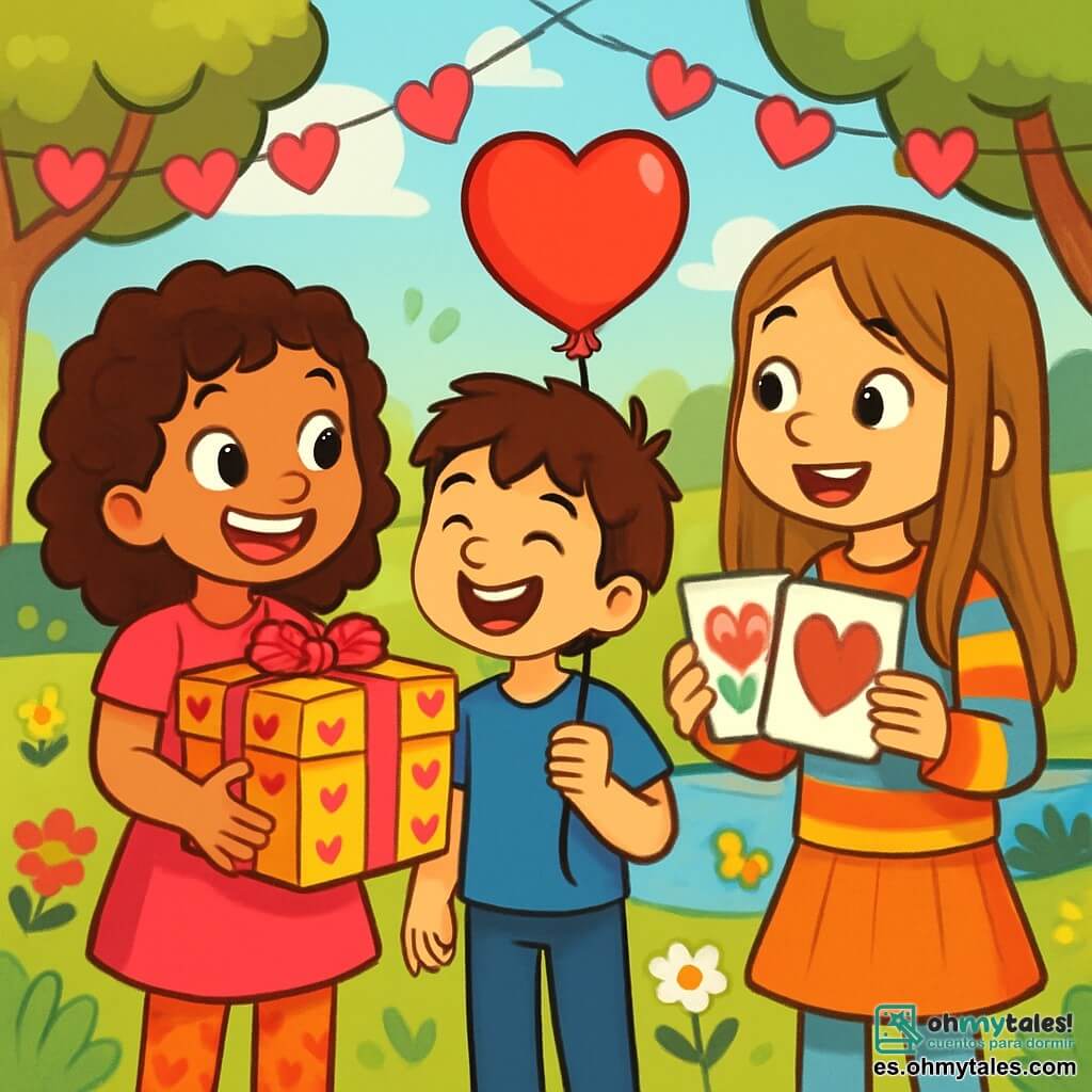 Una niña de 10 años, llamada Sofía, con cabello rizado y ojos brillantes, sonríe alegremente mientras sostiene una gran caja decorada con corazones. Lleva un vestido rosa brillante y medias de lunares, y su rostro irradia emoción y felicidad. A su lado, Lucas, un niño de 10 años con cabello castaño desordenado y una camiseta azul, ríe mientras sostiene un globo rojo en forma de corazón. Valentina, una niña de 10 años con cabello largo y liso, vestida con una falda colorida y un suéter a rayas, se acerca con una gran sonrisa, sosteniendo tarjetas de felicitación hechas a mano. La escena tiene lugar en un parque soleado, lleno de flores coloridas y grandes árboles verdes, con un estanque brillante de fondo donde patos nadan tranquilamente. Guirnaldas de corazones de papel flotan en el aire, añadiendo un toque festivo a la atmósfera. Sofía, Lucas y Valentina están preparando una búsqueda del tesoro especial para celebrar el Día de San Valentín, rodeados de risas y un ambiente alegre, mientras intercambian tarjetas y sorpresas.