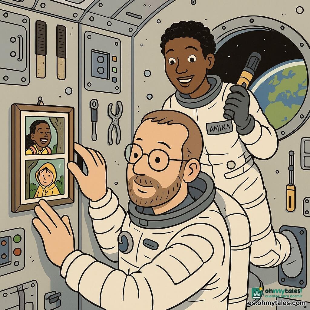 Un hombre astronauta de rostro redondo y barba corta, expresión serena y gafas finas, con el traje espacial blanco parcialmente abierto, presiona con firmeza una tira de velcro para fijar un pequeño marco de fotos al módulo; detrás de él flota ligeramente Amina, mujer astronauta de treinta y pocos años, piel oscura, cabello corto y rizado y sonrisa alentadora, sosteniendo una linterna magnética; en el marco se ven claramente una niña de unos 9 años con trenzas riendo y un bolso escolar y un niño de unos 10 con chubasquero junto a un árbol; el interior del módulo muestra paredes metálicas grises con paneles, botones coloridos, correas, herramientas magnéticas y velcro negro y beige, y un amplio ojo de buey que deja ver la Tierra; escena tierna y técnica en microgravedad: fijar fotos familiares con velcro con gestos precisos, burbujas de una sopa flotando al fondo y una atmósfera cálida y concentrada.