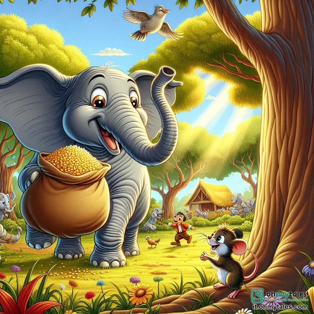 Un elefante felice di nome Emanuele, con la pelle grigia e grandi orecchie, si trova al centro della scena, sorridendo con occhi scintillanti di malizia, mentre tiene un sacco di mais con la sua lunga proboscide. Accanto a lui, un piccolo topo di nome Timmy, con il pelo marrone e occhi brillanti, si arrampica su un ramo, guardando con eccitazione il sacco di mais. Sullo sfondo, un cane di nome Fido, con il pelo dorato e un'espressione curiosa, si trova a terra, pronto a saltare. La scena si svolge in un boschetto verdeggiante, pieno di alberi con foglie brillanti e fiori colorati, con raggi di sole che filtrano tra i rami. Emanuele ha scoperto il sacco di mais rubato dagli uccelli e lo sta mostrando ai suoi amici, pronto a riportarlo alle galline affamate della fattoria.