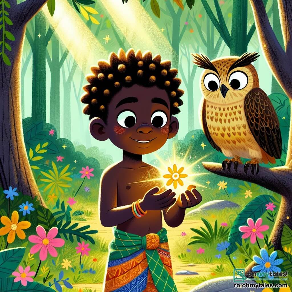 Tunde, un tânăr african de aproximativ 12 ani, are pielea închisă la culoare și părul creț. Poartă un pagne colorat și un zâmbet hotărât pe față, în timp ce ține o floare magică strălucitoare în mâini. Lângă el se află o bufniță înțeleaptă, cu ochi mari și rotunzi și pene aurii, așezată pe o ramură de copac, privindu-l pe Tunde cu admirație. Decorul este o pădure luxuriantă, plină de copaci verzi cu trunchiuri groase și flori colorate care cresc peste tot. Soarele filtrează printre frunze, creând modele de lumină pe sol. Situația principală îl arată pe Tunde descoperind floarea magică, înconjurat de frumusețea naturii, pregătit să aducă magia în satul său.