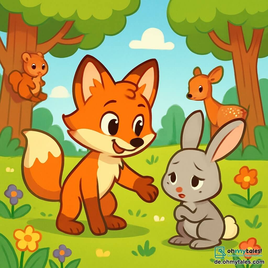 Ein junger Fuchs mit leuchtend orangefarbenem Fell, großen neugierigen Augen und einem warmen Lächeln steht entschlossen in der Mitte der Szene. Neben ihm schaut ein kleiner Hase mit großen weißen Ohren, weichem Fell und traurigen Augen schüchtern zu Boden. Im Hintergrund schafft eine sonnige Lichtung im Wald mit bunten Blumen und majestätischen Bäumen eine einladende und fröhliche Atmosphäre. Der junge Fuchs streckt seine Pfote aus, um den Hasen zum Spielen einzuladen, während andere Tiere wie ein Eichhörnchen und ein Rehkitz neugierig zuschauen und bereit sind, sich ihnen anzuschließen. Die Szene vermittelt ein Gefühl von Freundschaft und Unterstützung, indem sie den Moment zeigt, in dem der Fuchs den Hasen ermutigt, seine Schüchternheit zu überwinden.