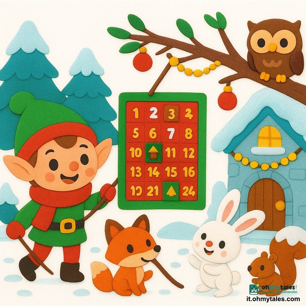 Personaggio principale: un piccolo elfo di Natale goffo e gioioso, orecchie appuntite, cappello verde con pon pon e grande sciarpa rossa, sorride mentre tiene una corda e appende un calendario dell'Avvento capovolto; la volpe: piccola volpina dal pelo arancione luminoso tiene la corda tra i denti e guarda l'elfo con tenerezza; il coniglio: coniglio bianco dalle lunghe orecchie salta vicino alla volpe applaudendo, eccitato; il gufo: gufo bruno dagli occhi grandi osserva divertito da un ramo; uno scoiattolo timido, rosso con la coda innevata, sta all'ingresso della casetta; luogo: radura innevata davanti a una casa di ghiaccio e pietra con ghirlande dorate, palline rosse e abeti imbiancati; situazione: l'elfo appende il calendario colorato capovolto, gli animali sorridono e da una finestrella del calendario spunta un cioccolatino, atmosfera calda e festosa; stile: forme semplici e tonde, colori pieni e vivaci, texture tipo EVA, contorni spessi neri, ombre morbide, composizione centrata e molto leggibile, adatta ai più piccoli.