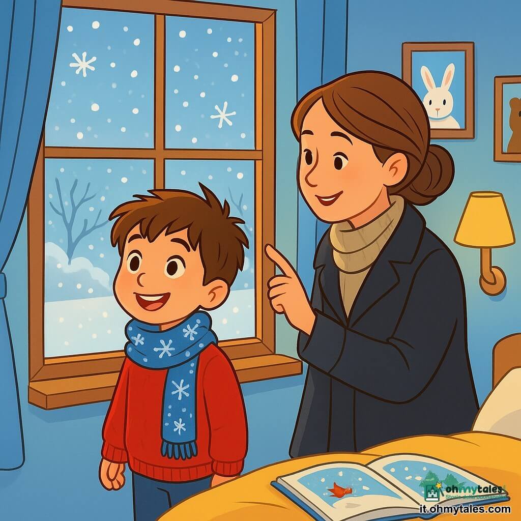 Un ragazzo di 8 anni, di nome Tommaso, con capelli castani disordinati e occhi pieni di curiosità, si trova vicino a una finestra. Indossa un grosso maglione rosso, una sciarpa blu con motivi di fiocchi di neve e calze spesse. Il suo viso esprime meraviglia e gioia mentre osserva i fiocchi di neve cadere dolcemente all'esterno. Accanto a lui, la mamma, una donna sulla trentina con capelli castani raccolti in un chignon, sorride affettuosamente mostrandogli il paesaggio invernale. Indossa un cappotto nero e una sciarpa di lana. La scena si svolge in una camera accogliente, con pareti dipinte di azzurro chiaro e poster di animali invernali appesi. La luce soffusa di una lampada crea un'atmosfera coccolosa, e un libro illustrato è aperto sul letto. Tommaso, incantato, ammira la neve che ricopre il giardino, mentre la mamma gli spiega la bellezza dell'inverno. I fiocchi danzano nell'aria, creando un'atmosfera magica e pacifica.