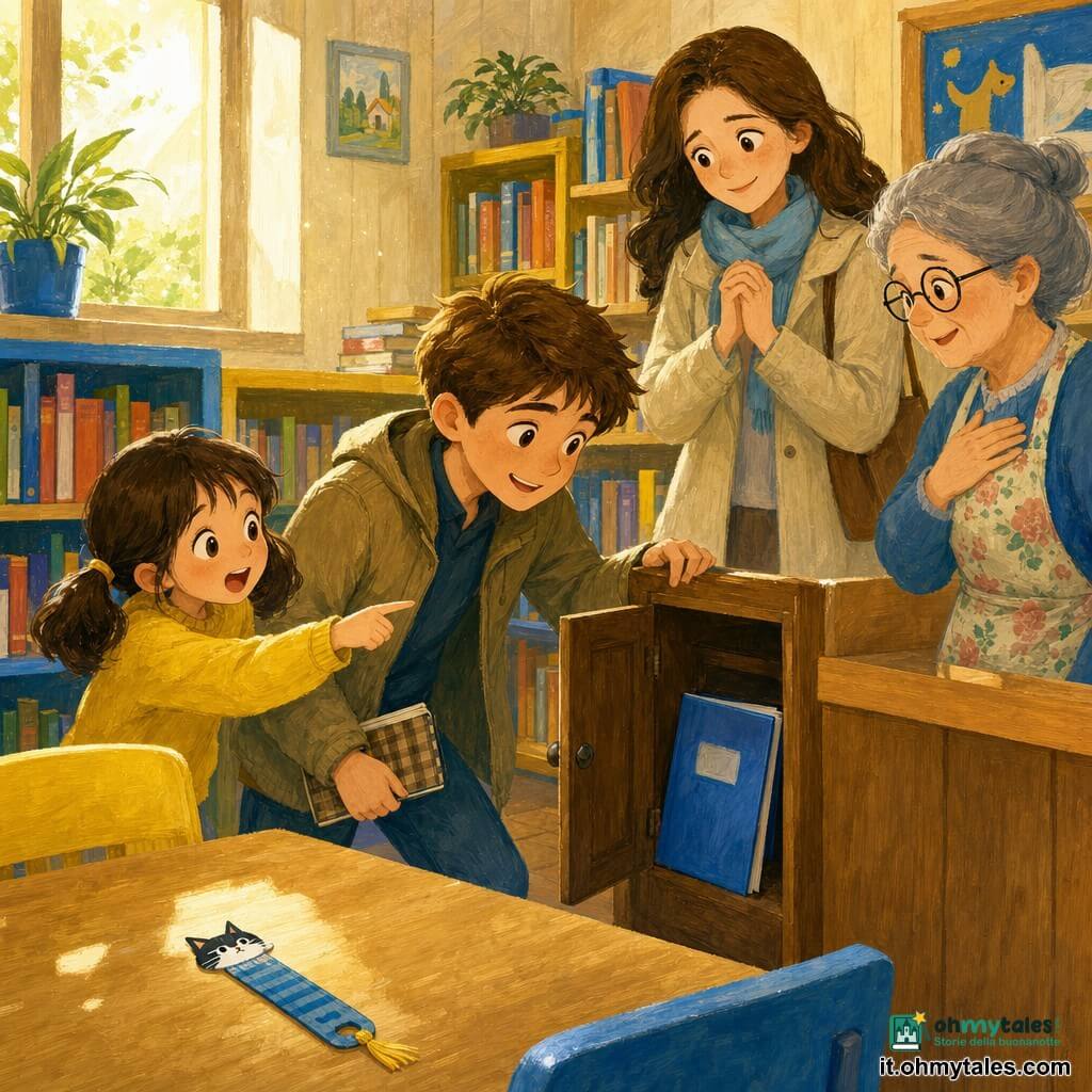Un ragazzo detective adolescente, Matteo, viso attento e sorridente, capelli castano corti, giacca kaki e taccuino a quadretti nella mano destra, chino su una piccola porticina di legno aperta; una bimba, Sara (~8 anni), capelli castani a due codini, maglione giallo vivo, occhi grandi stupiti, a sinistra di Matteo che indica con entusiasmo la cartellina blu ritrovata; una giovane donna, Bianca (~25 anni), capelli sciolti, cappotto chiaro e sciarpa morbida, mani giunte e volto leggermente imbarazzato ma sollevato, in piedi dietro Matteo vicino a uno scaffale; una donna anziana, la signora Teresa (~60 anni), capelli grigi raccolti, occhiali rotondi, grembiule a fiori, mani sul cuore, a destra vicino al bancone di legno, sguardo riconoscente; la scena è in una piccola biblioteca di quartiere con pareti in lambris chiaro, scaffali bassi pieni di libri colorati, un grande tavolo di legno chiaro con un segnalibro a forma di gatto e una pianta in vaso vicino a una finestra che lascia entrare una luce mattutina dolce; situazione principale: scoperta felice di una cartellina blu nascosta dietro la pianta in un piccolo pannello murale, polvere leggera nell'aria, espressioni calorose, composizione calma e chiara, palette calda (giallo pallido, azzurro, legno naturale), texture visibili come pennellate morbide e dettagli infantili.