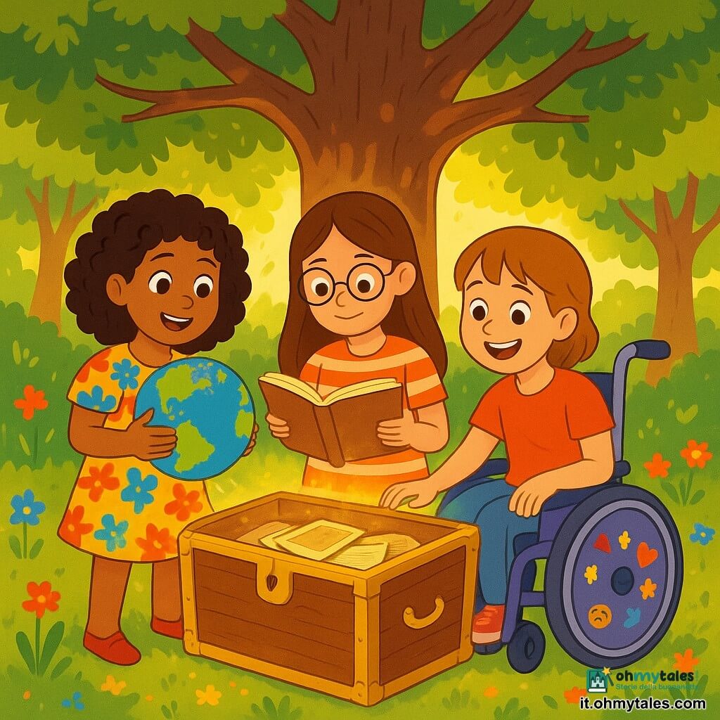Ci sono 3 personaggi: - Giulia: una ragazza di 8 anni, con capelli ricci e occhi scintillanti. Indossa un vestito colorato a fiori e tiene un mappamondo in mano, sorridente e piena di energia. - Sofia: una ragazza di 9 anni, con capelli lisci e lunghi, che indossa occhiali rotondi. È vestita con una maglietta a righe e tiene un libro aperto, guardando attentamente la mappa. - Martina: una ragazza di 10 anni, con capelli corti e un grande sorriso. È su una sedia a rotelle decorata con adesivi colorati, osservando le sue amiche con entusiasmo. Le tre amiche si trovano in una bella radura circondata da alberi maestosi, con una grande quercia al centro. I raggi del sole filtrano tra le foglie, creando motivi luminosi sul terreno. Fiori selvatici dai colori vivaci punteggiano il suolo, aggiungendo un tocco di magia al luogo. La situazione principale della storia mostra le tre amiche che scoprono un antico scrigno alla base della grande quercia. Sono meravigliate, con gli occhi spalancati, mentre aprono il baule per rivelare scintillanti ricordi di famiglia, come foto e lettere antiche, illuminati dalla luce dorata del sole.