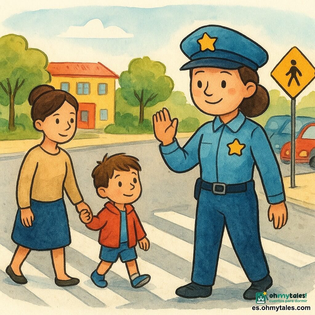 Una mujer policía sonriente y serena con uniforme azul claro, gorra y placa, brazo levantado para detener el tráfico y postura protectora en un paso de peatones; a su izquierda una madre de unos 30 años, cabello recogido y ropa sencilla, sujeta la mano de un niño de 4 años con chaqueta roja, pantalón corto y zapatos azules que la mira con confianza, mientras cruzan despacio; al fondo una pequeña escuela colorida, aceras con árboles, una señal amarilla, coches aparcados y un cielo de mañana suave; escena tranquila y reconfortante donde la agente ayuda a madre e hijo a cruzar con gestos claros y expresiones benevolentes.