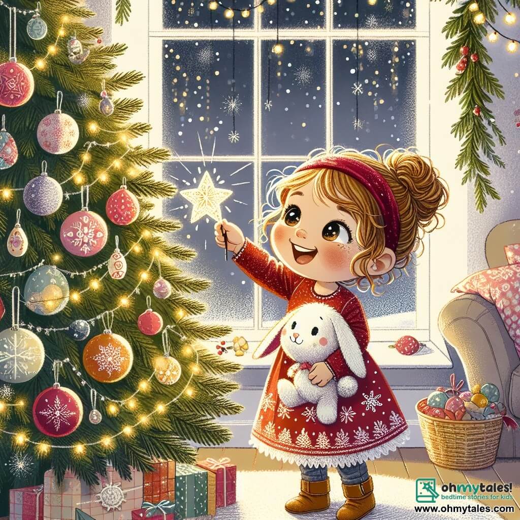 A one-year-old girl with bright big eyes and rosy cheeks is full of joy as she places a sparkling star on top of a Christmas tree. She wears a pretty red dress with snowflake patterns and a velvet headband. Next to her, her adorable stuffed bunny named Bunny is cuddled against her, with an embroidered smile on its soft face. The cozy room is decorated with fairy lights and colorful ornaments. A large tree, covered in artificial snow, stands in the center, illuminated by twinkling lights. The windows show snowflakes gently falling outside. The little girl laughs joyfully as she admires her work, surrounded by a magical Christmas atmosphere filled with light and happiness.
