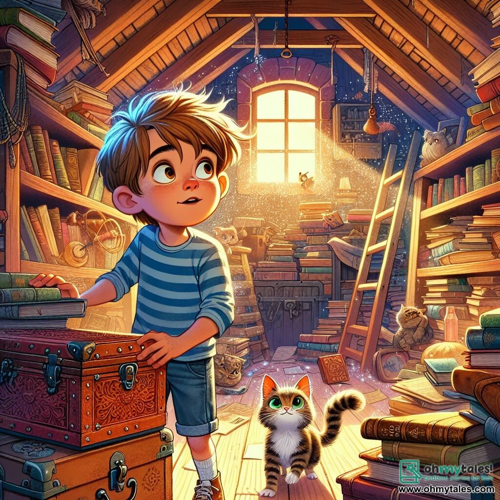 An 8-year-old boy, Max, with messy brown hair and sparkling curious eyes, stands in the center of the attic. He wears a blue striped t-shirt and denim shorts, his face showing a mix of excitement and worry. Next to him, Daisy, a small tabby cat with bright green eyes, weaves between old books, her ears perked up, ready to explore. The attic is a magical place, filled with old wooden trunks, dusty books stacked like mountains, and beams of light filtering through a dirty window, illuminating the dust in the air. Cobwebs glisten in the corners, adding a mysterious touch to the atmosphere. Determined, Max searches for Daisy, scrutinizing every corner of the attic, his hand reaching towards an ancient chest with strange patterns, as if hoping to find clues about his missing feline friend.