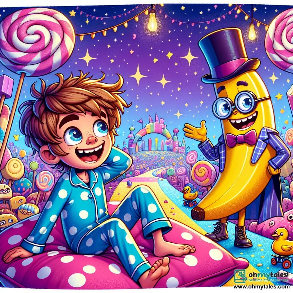 A 12-year-old boy named Max, with messy brown hair and sparkling curious eyes, is lying on a large pink polka-dotted pillow, laughing heartily. He is wearing blue pajamas with white stars and seems amazed by his surroundings. Next to him is a funny side character, an anthropomorphic banana with round glasses and a bowler hat, standing, smiling, and gesturing enthusiastically. The setting is a fantastical world filled with marshmallow trees, sparkling lemonade rivers, and unicycling ducks wearing top hats. In the background, a candy castle sparkles under a purple sky dotted with bright stars. The main scene shows Max laughing and ready to choose his adventure, while the banana encourages him to explore this whimsical and colorful world where anything seems possible and fun reigns supreme.