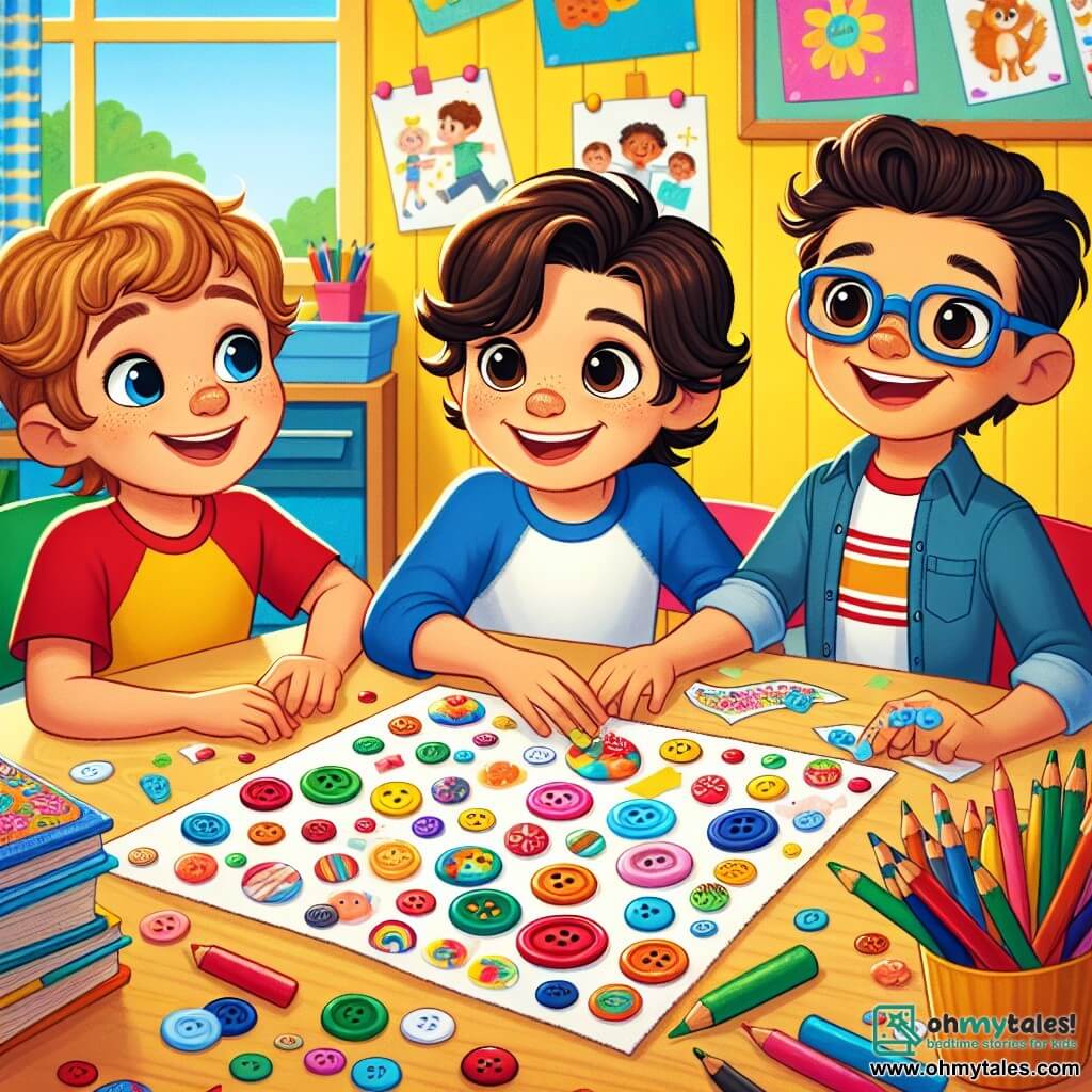 In a colorful classroom, three children are gathered around a large wooden table. Max, a 7-year-old boy with brown hair and sparkling eyes, sits in the center holding a large sheet of paper decorated with colorful buttons, smiling proudly. To his left, Leo, also 7, with curly hair and a red t-shirt, admires Max's work with wide eyes. To the right, Sam, wearing glasses and a blue sweater, holds shiny stickers, ready to add them to Max's collage. The classroom is filled with bright colors: the walls are painted yellow and blue, and children's drawings decorate the panels. Crayons, markers, and art supplies are scattered across the table, creating a joyful and creative atmosphere. The children laugh and share ideas, excited to create art together.