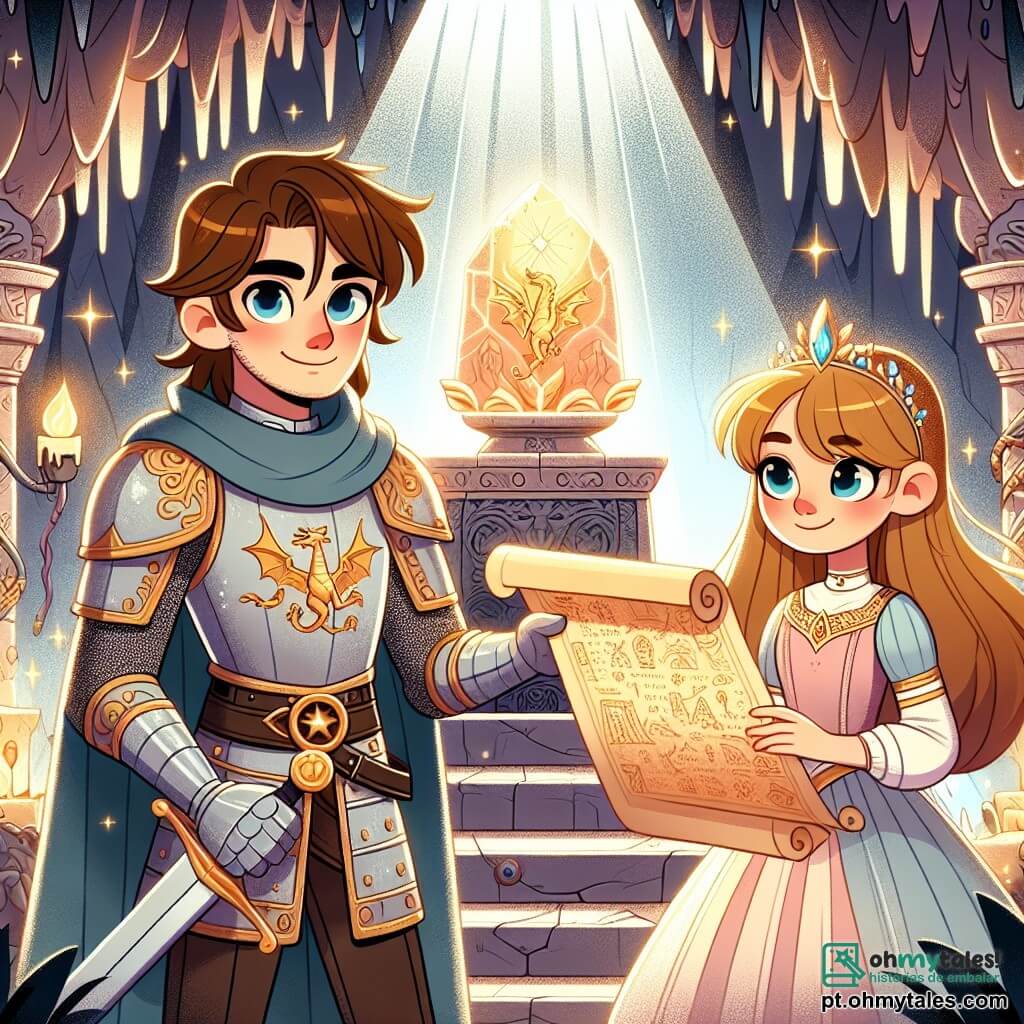 Um cavaleiro corajoso, Sir Cedric, é representado no centro da imagem, usando uma armadura brilhante decorada com padrões de dragões. Ele tem cabelos castanhos, levemente ondulados, e um olhar determinado, com um sorriso confiante no rosto. Ele segura sua espada em uma mão, pronto para defender seu reino. Ao seu lado está a princesa Lira, uma jovem de cerca de 16 anos, com longos cabelos dourados e um vestido leve em cores pastel. Ela olha para Sir Cedric com admiração, segurando um antigo pergaminho de mapa, mostrando o caminho para a aventura. O cenário é uma caverna misteriosa, com estalactites brilhantes pendendo do teto e paredes cobertas de runas antigas. Luzes mágicas emanam de um pedestal ao fundo da caverna, onde repousa um amuleto resplandecente. A situação principal mostra Sir Cedric e a princesa Lira se preparando para descobrir o poderoso artefato, com uma atmosfera de mistério e emoção, enquanto se aproximam cautelosamente do pedestal iluminado.