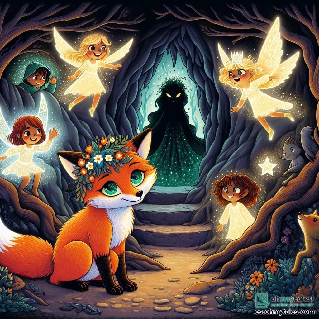 Ilustración que representa a un astuto zorro de pelaje anaranjado brillante, con ojos esmeralda llenos de determinación. Se encuentra valientemente al borde de una cueva oscura, listo para enfrentarse a la Bruja de las Sombras, con una expresión que mezcla nerviosismo y valentía. Cerca, un grupo de pequeños Pícaros de Luz, criaturas aladas de colores vivos, flotan en el aire. Una niña con alas brillantes y una diadema de flores mira al zorro con admiración y esperanza, mientras que un niño con una capa luminosa sonríe, animando a su amigo a avanzar. El lugar principal es una cueva misteriosa, rodeada de árboles retorcidos y matorrales oscuros, donde sombras bailan en las paredes. La luz de los Pícaros ilumina débilmente la entrada, creando un contraste impactante con la oscuridad circundante. La situación principal muestra al zorro firmemente frente a la entrada de la cueva, listo para entrar y recuperar la fuente mágica robada, mientras los Pícaros de Luz lo observan con expresiones de aliento y apoyo. Otros elementos gráficos incluyen sombras amenazantes que se perfilan dentro de la cueva, destellos de luz que emanan de los Pícaros y una atmósfera de misterio y aventura palpable en el aire.