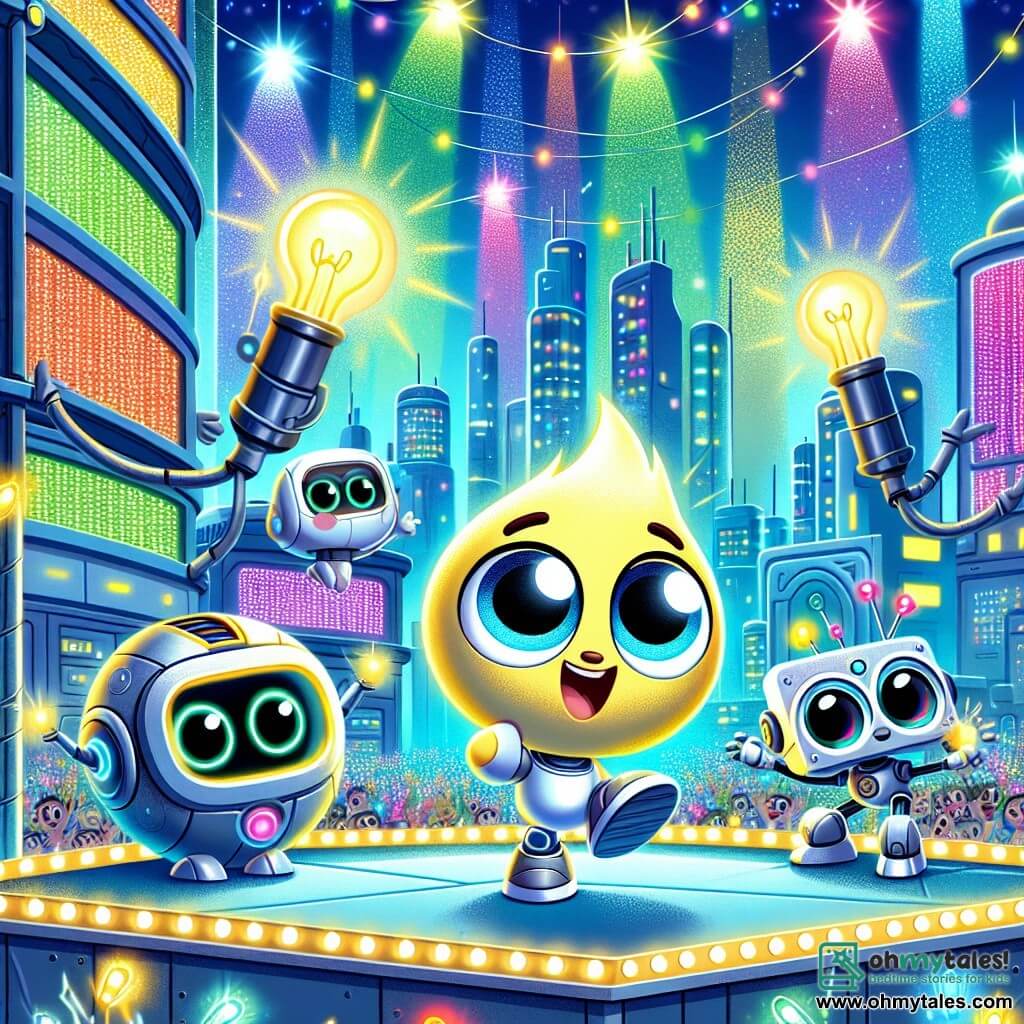 Sparky, a small yellow bulb with big sparkling eyes and a shiny filament, jumps for joy at the center of the scene, his face beaming with excitement as he admires the colorful lights illuminating the city. Next to him, Gizmo, a round little robot with blinking lights on its metallic body, smiles enthusiastically, his eyes shining with admiration for the light display. In the background, a robot named Blink, with large friendly eyes and a futuristic design, adjusts the settings of the light machine, displaying an expression of pride and focus. The setting is the central square of Glimmertron, a futuristic city where shimmering glass and silver metal buildings rise toward a turquoise sky, while colorful holograms dance in the air. Bright lights and luminous patterns decorate the facades of the buildings, creating a festive and magical atmosphere. The main situation shows Sparky and his friends celebrating the launch of the light machine, which projects vibrant colors throughout the city, transforming Glimmertron into a true fairy-tale spectacle, filled with joy and wonder.