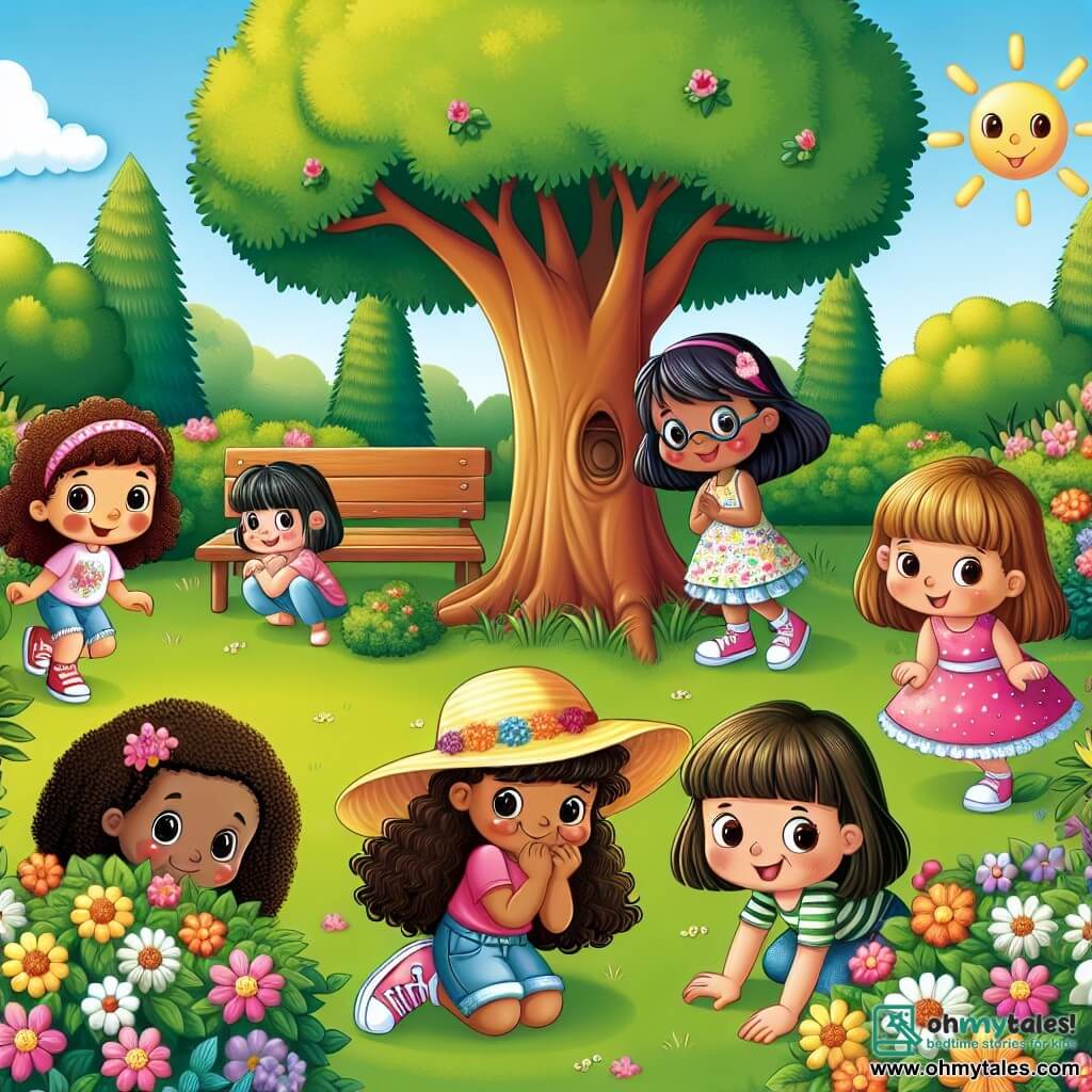 In a sunny park, five little girls are gathered. Mia, a 7-year-old with curly brown hair, wears a pink t-shirt and denim shorts, hiding behind a large tree with a mischievous smile. Ella, a 6-year-old in a sparkling blue dress, crouches behind a wooden bench, her eyes sparkling with excitement. Lily, a 7-year-old in shiny red shoes, hides in a lush bush, her head peeking out slightly. Ava, a 6-year-old wearing a large yellow sun hat, hides behind a colorful flower bed, laughing softly. Sophie, a 7-year-old in a blue wheelchair, is in the center of the image, smiling and cheerful, ready to seek. The park is filled with colorful flowers, majestic trees, and vibrant green grass under a clear blue sky dotted with a few white clouds. The girls are playing hide and seek, with Sophie counting joyfully to ten while her friends hide with laughter and giggles. The atmosphere is joyful and friendly, illustrating the magic of friendship.