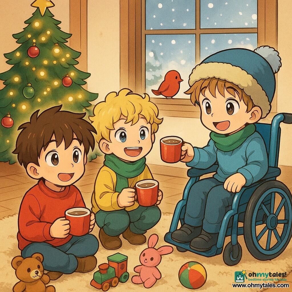 There are three main characters: - A boy named Jamie, about 6 years old, wearing a bright red sweater, with tousled brown hair, sitting on the floor holding a toy cup. - A boy named Max, about 5 years old, wearing a green scarf, with curly blond hair, crouching next to Jamie with a big smile. - A boy named Theo, about 6 years old, in a bright blue wheelchair, with a fluffy hat, extending a cup towards a small bird at the window. The setting is a warm and welcoming living room, with a Christmas tree sparkling with golden lights and colorful decorations. A plush carpet is scattered with toys, and a window shows snow gently falling outside. The main scene shows the three boys joyfully sharing cups of "magic cocoa" with their toys and a little red bird at the window. The atmosphere is festive and bright, full of laughter and the Christmas spirit.