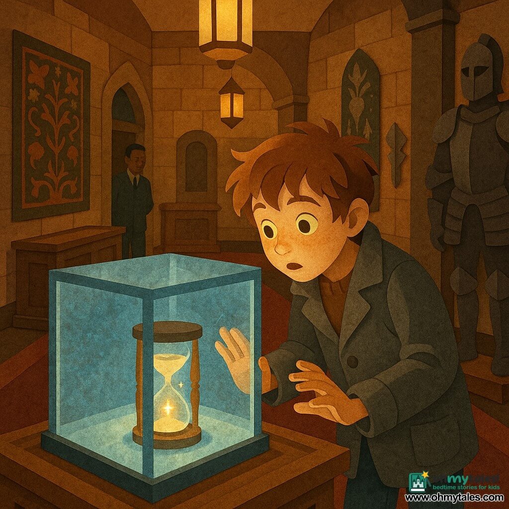 An eleven-year-old boy, Rowan, with a thin face, freckles, messy chestnut hair, an awed, curious expression, hands on the display case and leaning forward as if listening, wearing a gray wool coat and worn navy trousers; a museum guard, about 40, blurred in the background in a dark uniform stands near an open door to the left watching the group of children from behind Rowan; a magical hourglass sits in the central glass case: a small antique glass sand timer with pale sand rising upward and a tiny glowing spark floating in the sand, the glass showing bluish reflections and a light frost; the setting is a large museum gallery with brown-ochre stone walls, varnished wooden display cases, a worn red carpet, hanging lanterns casting long soft shadows, and tapestries and medieval armor framing the scene; main action: Rowan discovers the upward-leaking, apparently speaking hourglass—centered composition on the illuminated case, warm contrast between the golden spark and the case’s cool tones, a mysterious but safe atmosphere, in a paper-cutout style with visible paper textures, cut edges, and layered elements.