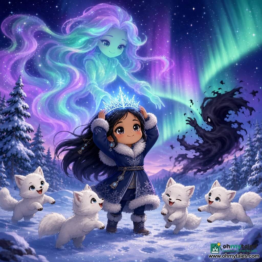 Anana, joyful but focused with a soft smile and bright eyes and long black hair, wearing a dark blue fur-trimmed coat, holds a small glowing frost crown on her head; a benevolent North Wind spirit hovers above as a translucent aurora silhouette; four playful arctic fox kits circle her near her boots; a threatened shadow spirit recoils as a dark, blurry, wispy blot; the setting is a snowy clearing under a starry sky with frosted pines and violet-green aurora; the crown's soft blue light repels the shadow as foxes dance and an auroral veil protects her, warm composition in cool pastel tones, magical comforting chibi style with round features, big heads and childlike proportions.