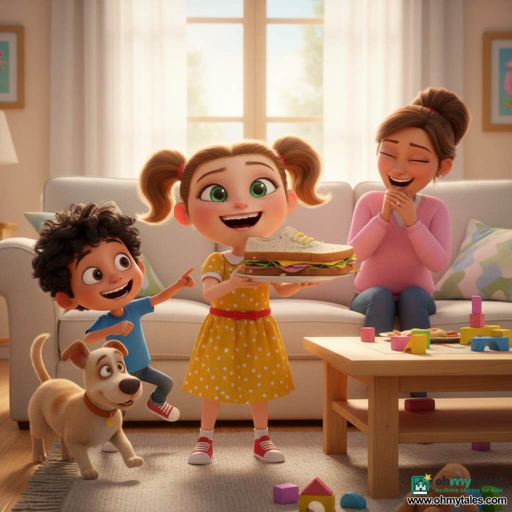 A joyful, mischievous 6-year-old girl with large bright green eyes and light chestnut pigtails, wearing a yellow polka-dot dress and red sneakers, proudly holds a large shoe-shaped sandwich on a plate and laughs; a boy of about 6 (Max) with messy black hair and a wide grin in a blue T‑shirt runs beside her pointing at the sandwich, amazed; a woman (the mother, ~30) with tied brown hair in a pink sweater sits on a cream sofa behind them, laughing with a hand over her mouth; a medium beige dog (Buster) with floppy ears tugs the corner of the sandwich in its mouth and trots around; setting: bright cozy living room with a cream sofa, light wood coffee table, sheer curtains, scattered toys and soft sunlight; centered composition, warm colors, exaggerated expressions, textured plush-like details, visible crumbs and a soft, comic atmosphere.