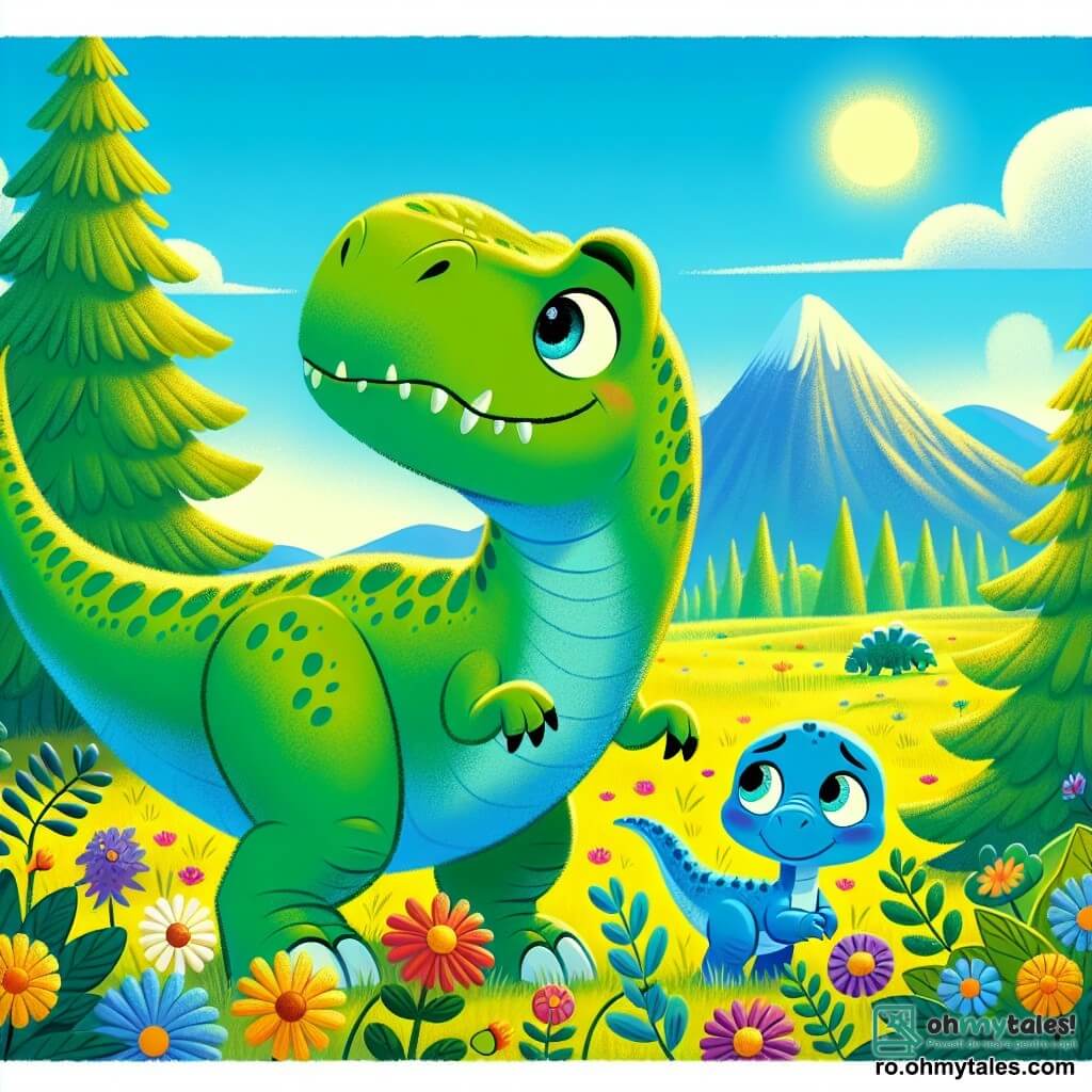 Un Tyrannosaurus Rex pe nume Tino, cu o piele verde strălucitoare și solzi lucioși, stă în mijlocul unei pajiști însorite. Ochii săi mari și rotunzi exprimă curiozitate și o ușoară neliniște. Se uită în jur, cu coada lungă unduind în spate. Aproape de el, un mic diplodocus albastru, pe nume Dippy, cu un gât lung și ochi strălucitori, se ascunde în spatele unui tufiș, observându-l pe Tino cu un amestec de admirație și timiditate. Pajiștea este presărată cu flori colorate, copaci mari cu trunchiuri groase și o munte îndepărtat sub un cer albastru deschis. Tino aude un strigăt de ajutor și se apropie, pregătit să-și ajute noul prieten, simțindu-se puțin nervos dar hotărât.