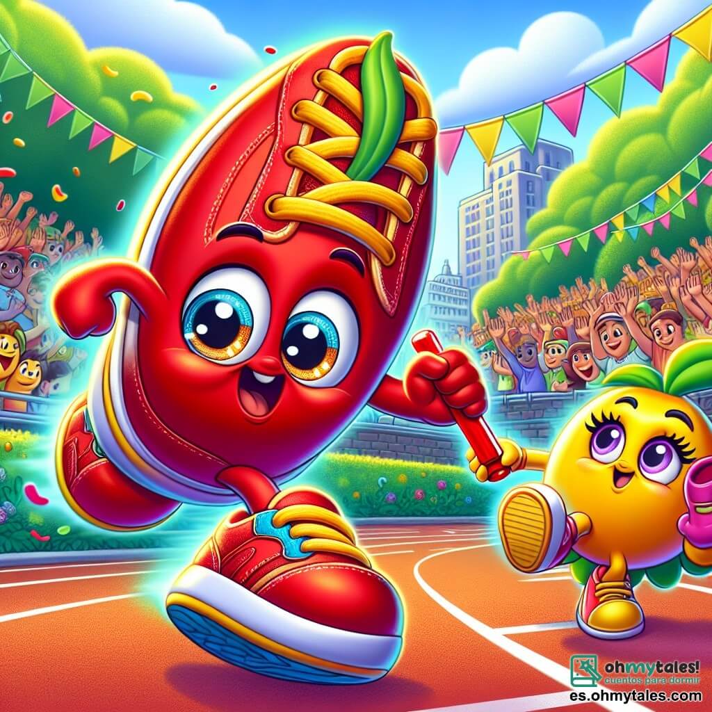 Zippy, un pequeño zapato rojo brillante con ojos chispeantes y una gran sonrisa, corre con entusiasmo en una pista de atletismo, sus cordones flotando detrás de él como alas. Expresa una alegría contagiosa, sus pequeñas suelas golpeando el suelo con determinación. A su lado, Lila, una zapatilla deportiva amarilla brillante, salta con energía, sus ojos brillando de apoyo y emoción, mientras anima a Zippy a ir más rápido. Max, un zapato elegante y brillante, se queda un poco atrás, frunciendo el ceño, pero con un destello de admiración en sus ojos, observando al dúo con un mezcla de desafío e interés. El lugar es un parque central animado, con árboles verdes, flores coloridas y una multitud alegre que aplaude alrededor de la pista. La situación principal muestra a Zippy corriendo a toda velocidad, listo para pasar el testigo a Lila, mientras que Max, en el fondo, comienza a darse cuenta de la importancia del trabajo en equipo, una sonrisa tímida apareciendo en su rostro.