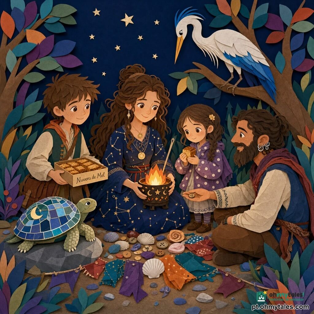 Laí, mulher sorridente e concentrada, segura com as duas mãos uma pequena brasa quente; veste um vestido de algodão com motivos de constelações e segura uma agulha longa como um bastão, seus olhos brilham de ternura. Uma menina de cerca de 7 anos, tímida e curiosa, estende um pedaço de bolo de mel para a brasa; ela usa uma jaqueta de bolinhas e fica um pouco atrás, mãos juntas. Um homem adulto, barbudo e jovial, com sete pequenos anéis de prata nas orelhas, está sentado junto ao fogo e coloca um botão de madeira perto da brasa. Um garoto vendedor de bolos, cerca de 12 anos, segura uma caixa de nuvens de mel, sorri e oferece um bolo à menina, à direita de Laí. Uma grande garça branca com uma pena azul vívida numa asa está empoleirada numa rama baixa acima do grupo, inclinando a cabeça para a brasa como se vigiasse. Uma tartaruga de carapaça mosaico, sobre uma pedra à esquerda do fogo, observa com sabedoria lenta; suas placas refletem lampejos de luar. A clareira é cercada por árvores de troncos como papel recortado, folhas em camadas coloridas, chão coberto de pequenas pedras brilhantes e guirlandas de tecido; a noite é suave, céu estrelado em papel azul profundo. Todos formam um círculo em torno de uma pequena chama não queimante que emite luz âmbar; cada um oferece um objeto (concha, botão, tecido) e sorri — a cena representa partilha, calor comum e tolerância, com estilo nítido, contraste de cores vivas, texturas recortadas e sombras simples.